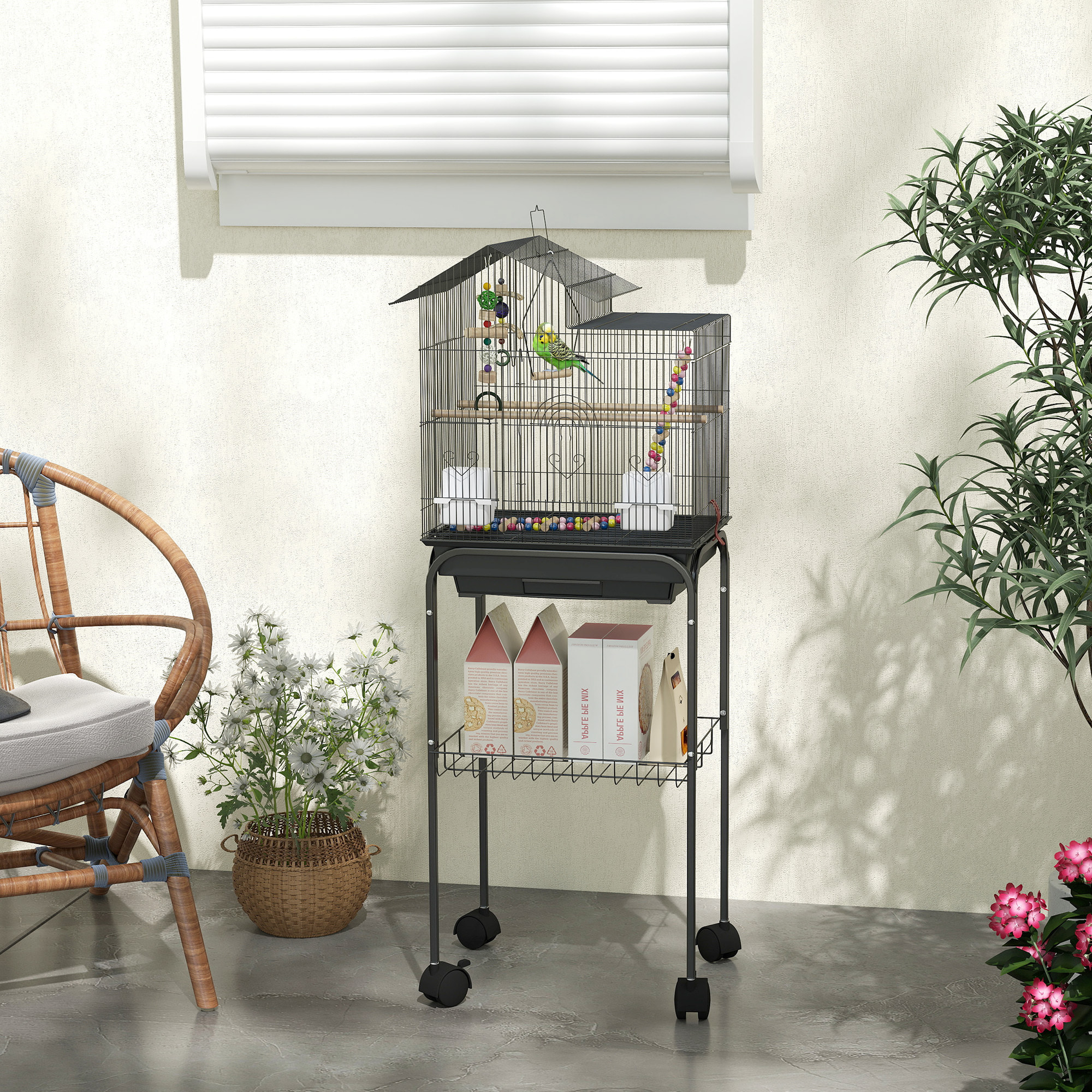 Cage à oiseaux 46 x 36 x 120 cm étagère 2 mangeoires 2 perchoirs balançoire échelle jouet noir