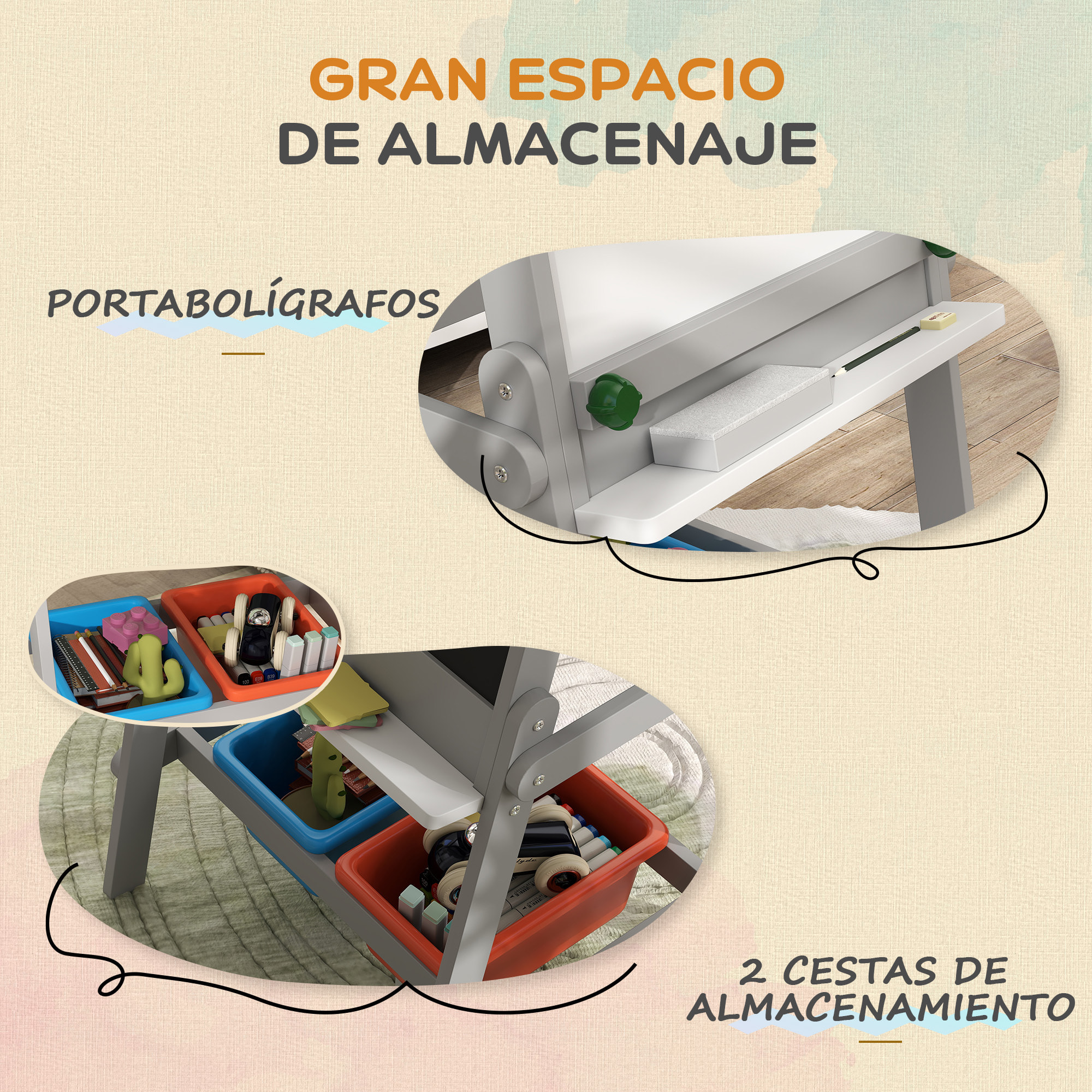 Pizarra Infantil Caballete de Pintura para Niños 3 en 1 Pizarra de Doble Cara con Rollo de Papel Borrador y Cajas de Almacenamiento Gris