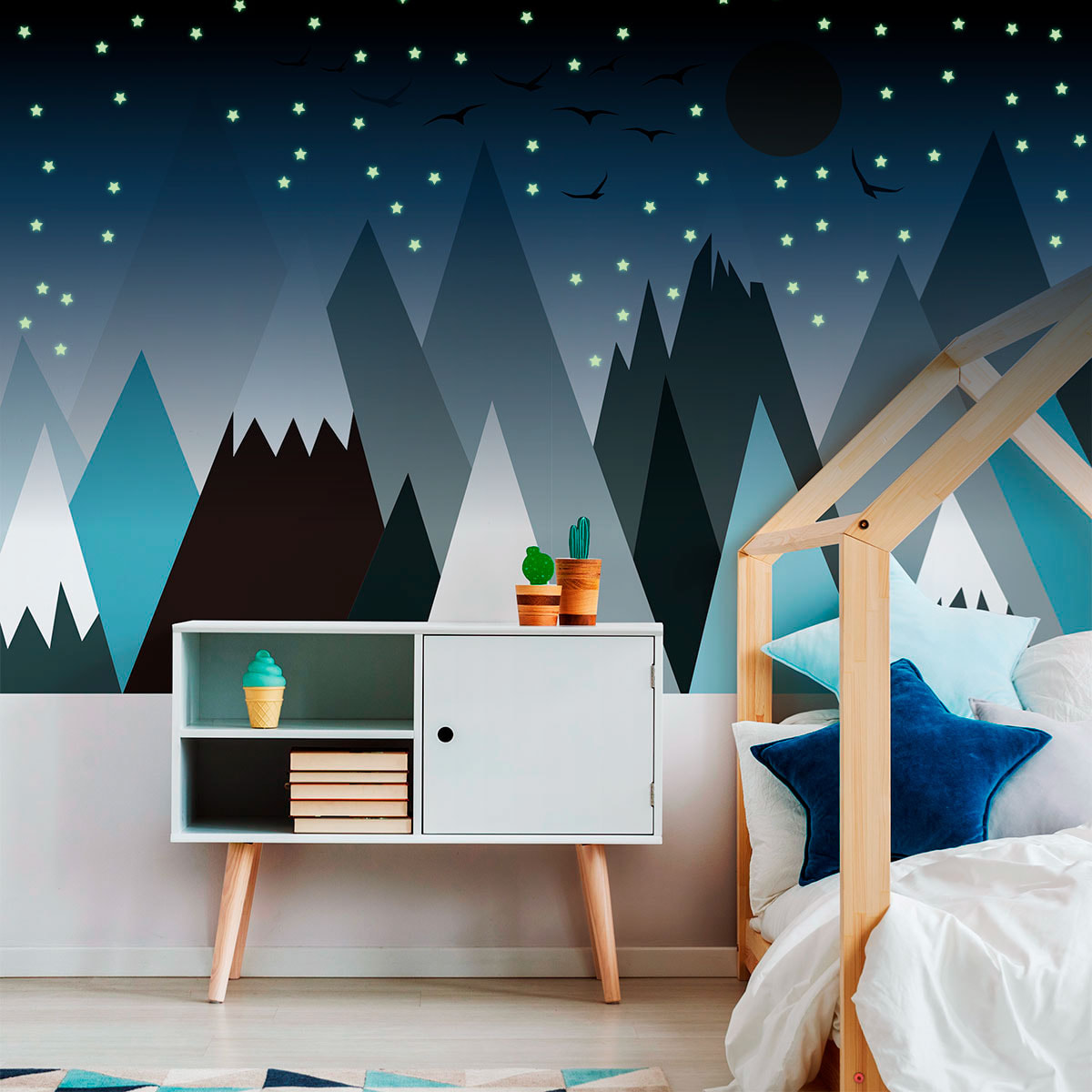 Stickers muraux enfants - Décoration chambre bébé - Autocollant Sticker mural géant enfant montagnes scandinaves MONTAGNES PARKA + 100 ÉTOILES PHOSPHORESCENTES