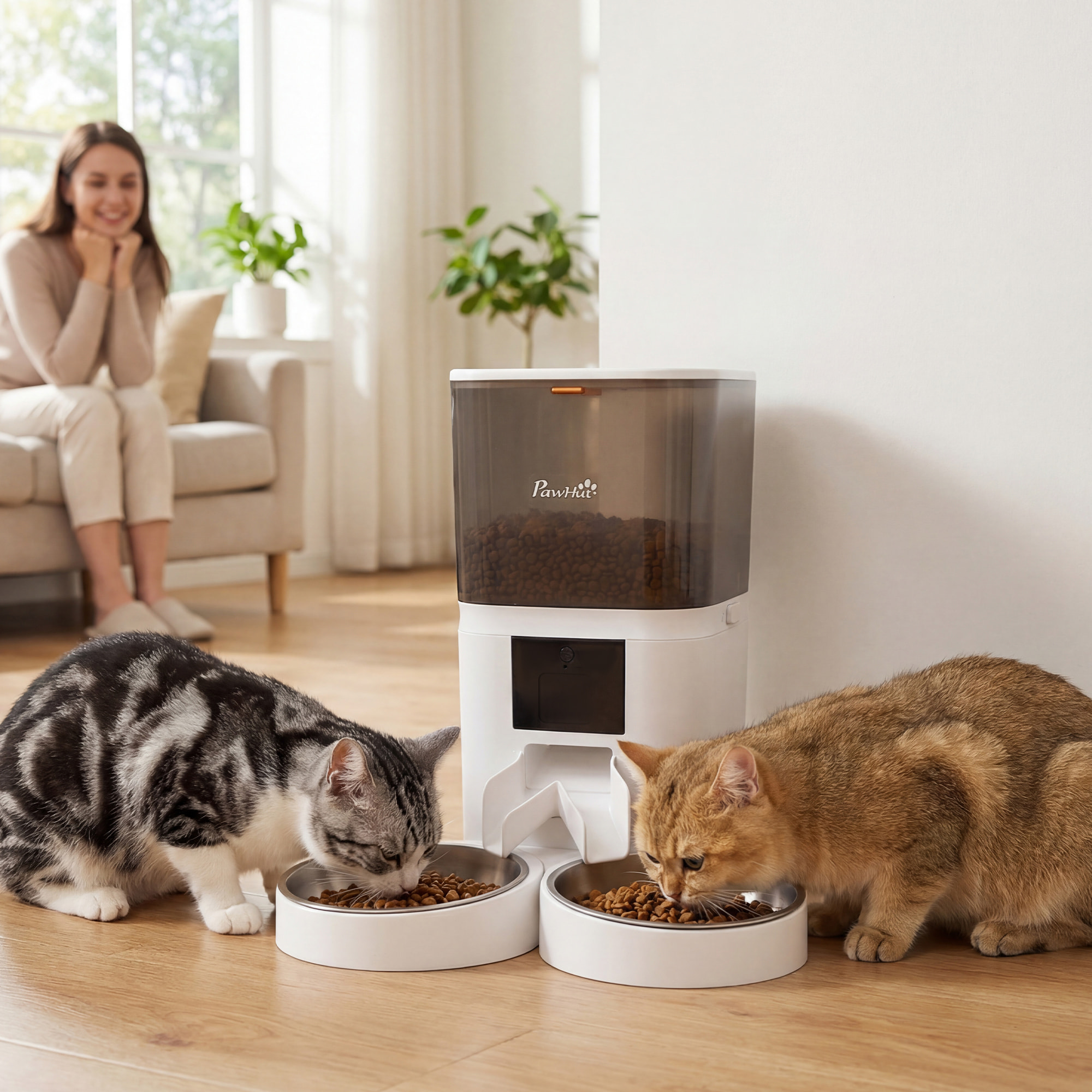 Comedero Automático 6L WiFi 2.4G, Dispensador de Comida para Gatos y Perros con Control App, 2 Cuencos, Programable 1-10 Comidas, Grabadora Voz 10s, 2 Fuentes de Alimentación, Fácil de Limpiar