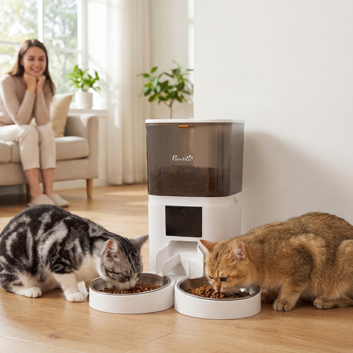 Comedero Automático 6L WiFi 2.4G, Dispensador de Comida para Gatos y Perros con Control App, 2 Cuencos, Programable 1-10 Comidas, Grabadora Voz 10s, 2 Fuentes de Alimentación, Fácil de Limpiar