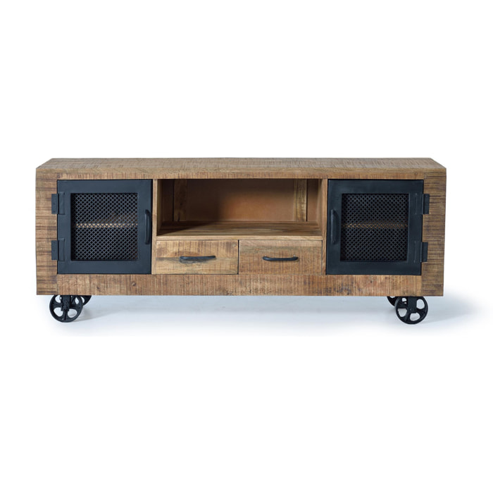 Mueble TV de Madera de Mango, Metal 150 Cm Estilo Industrial Moderno