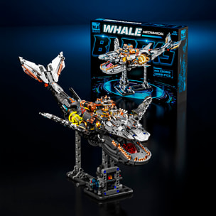 Maqueta 3D mecanizada de ballena con 1388 piezas, equipada con luces y mecanismo de manivela que permite movimiento dinámico.