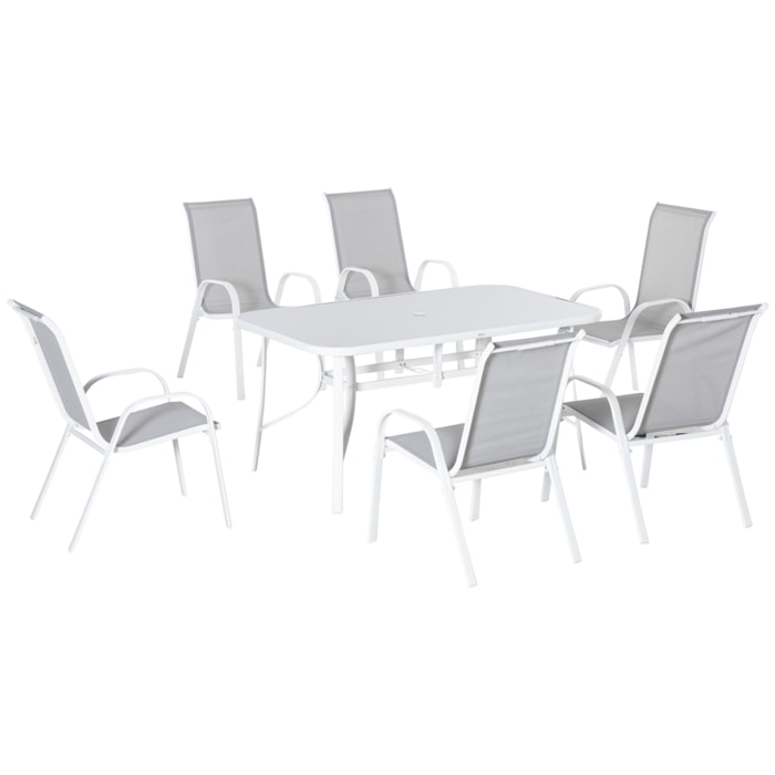 Conjunto de Mesa y Sillas Jardín de 7 Piezas, Muebles de Jardín Exterior con Mesa y 6 Sillas para Terraza con Orificio para Sombrilla y Encimera de Cristal, para Terraza Patio, Gris