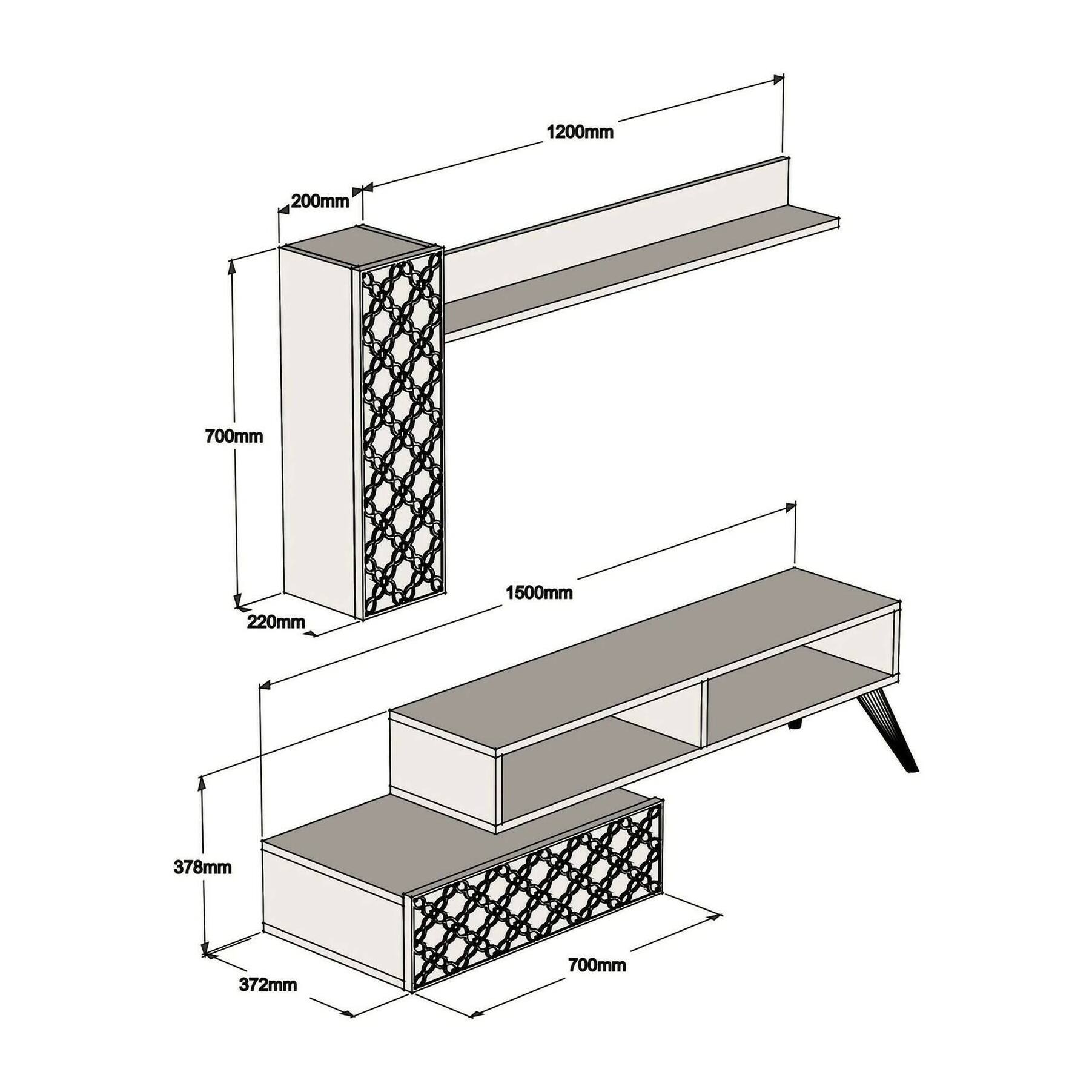 Parete attrezzata Dpinard, Composizione soggiorno, Mobile salotto multiuso, Armadio porta TV, 150x37h38 cm, Noce e Bianco