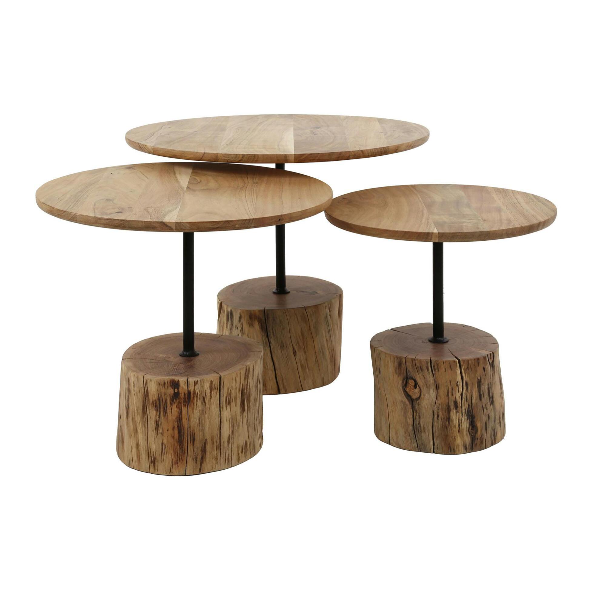 Table d'appoint ronde pied tronc, bois d'acacia (lot de 3) MELBOURNE