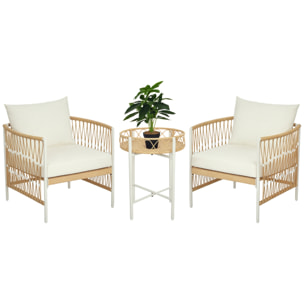 Conjunto Jardín Exterior de 3 Piezas, Muebles de Jardín con 2 Sillas, Mesa de Ratán, Cojines Acolchados, Fundas Extraíbles y Marco de Acero, Resistente a la Intemperie, para Balcón, Crema