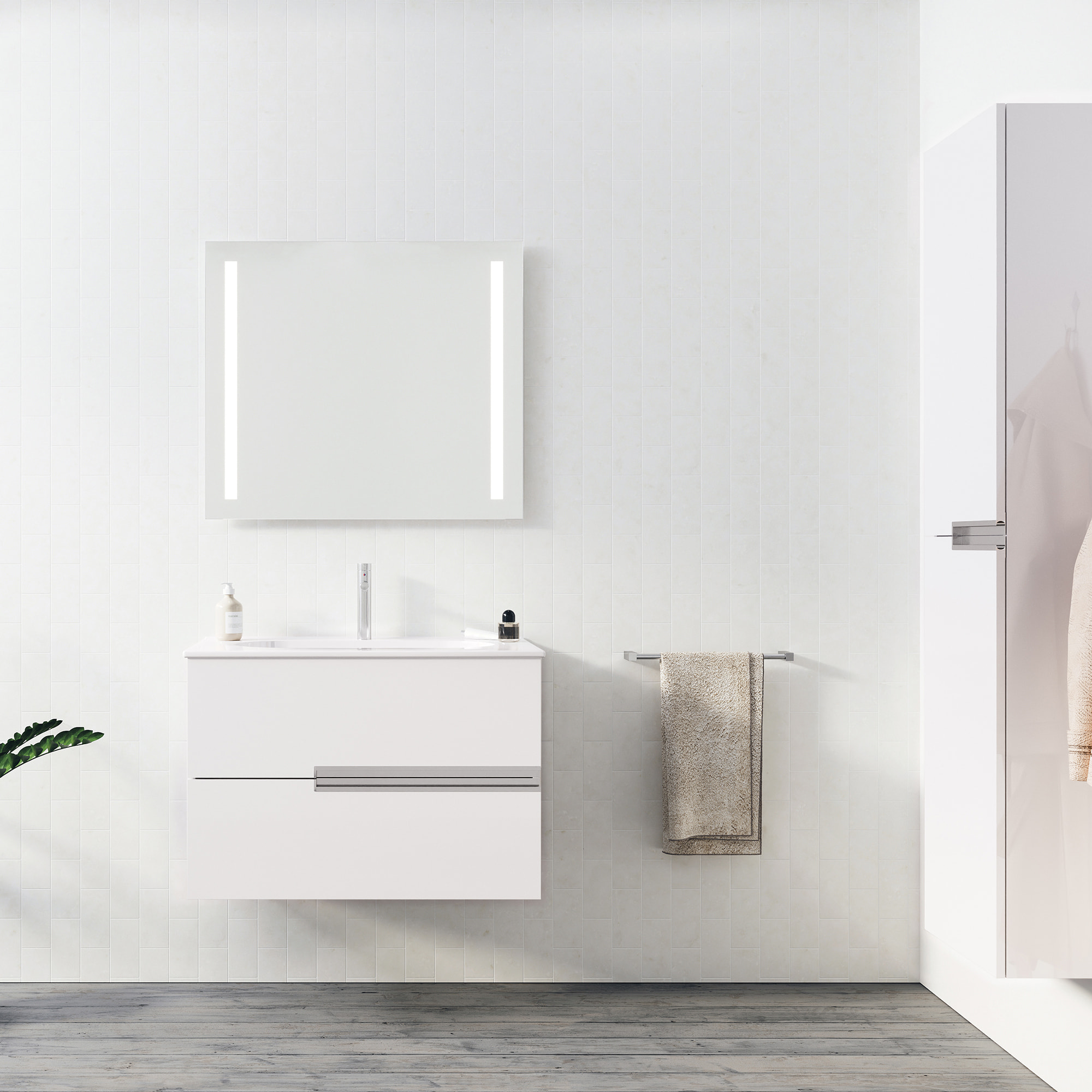 Meuble de salle de bains 80cm Blanc Glossy 2 tiroirs avec Vasque céramique blanche - ONE