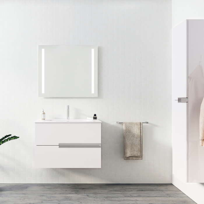 Meuble de salle de bains 80cm Blanc Glossy 2 tiroirs avec Vasque céramique blanche - ONE