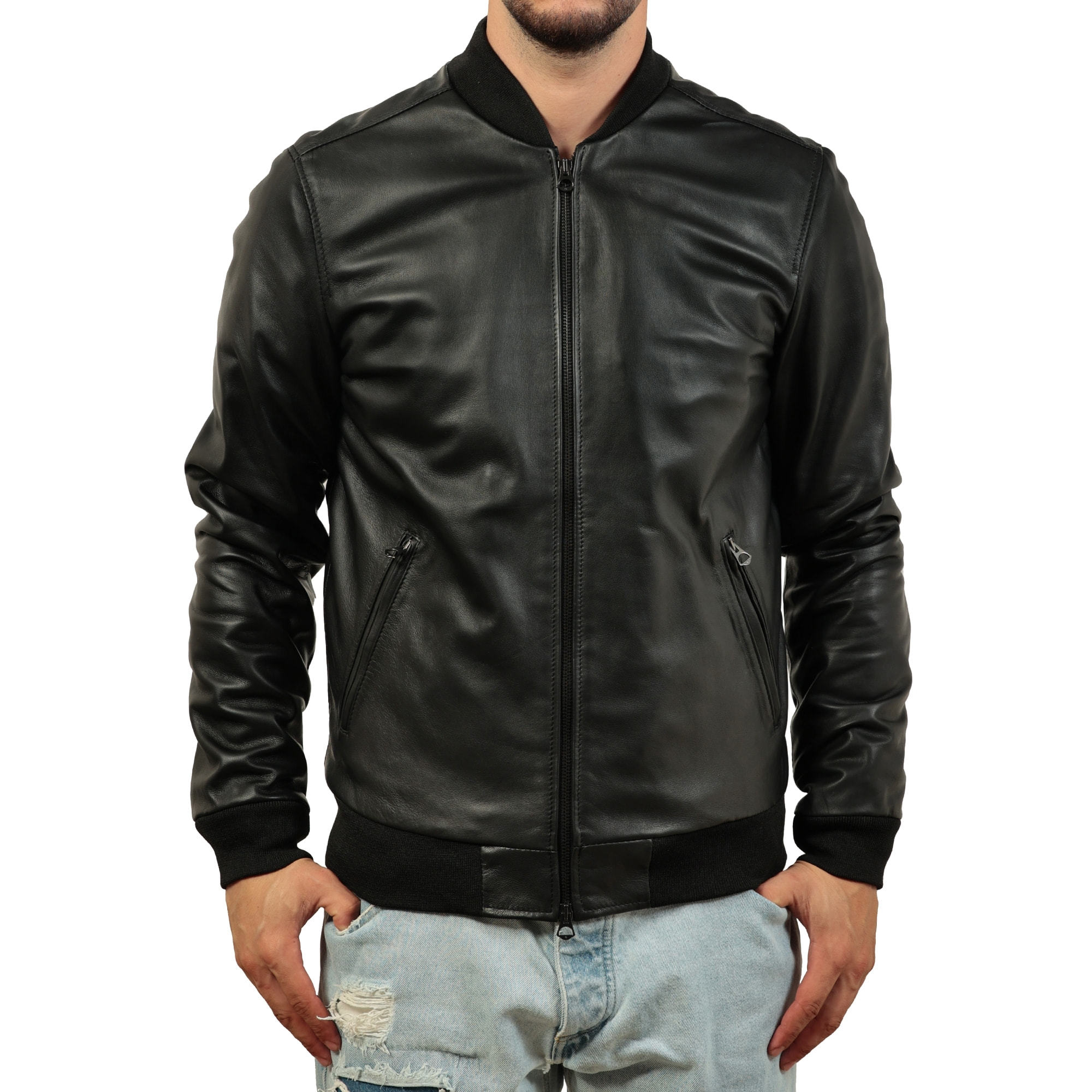 Giubbino in vera pelle di vitello foderato con trapunta invernale Nero-Slim Fit