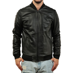 Giubbino in vera pelle di vitello foderato con trapunta invernale Nero-Slim Fit