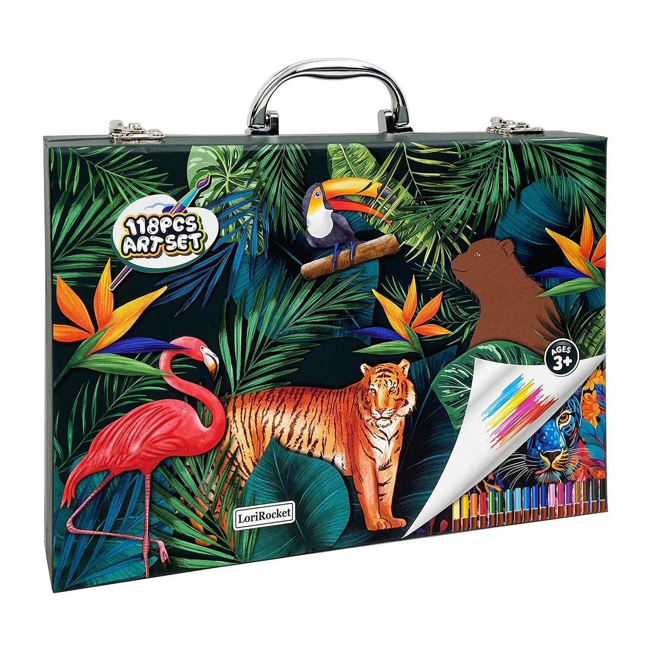 Valigia belle arti 118 pezzi con matite e pennarelli, acquerelli, pastelli, pennelli e accessori. Design giungla.