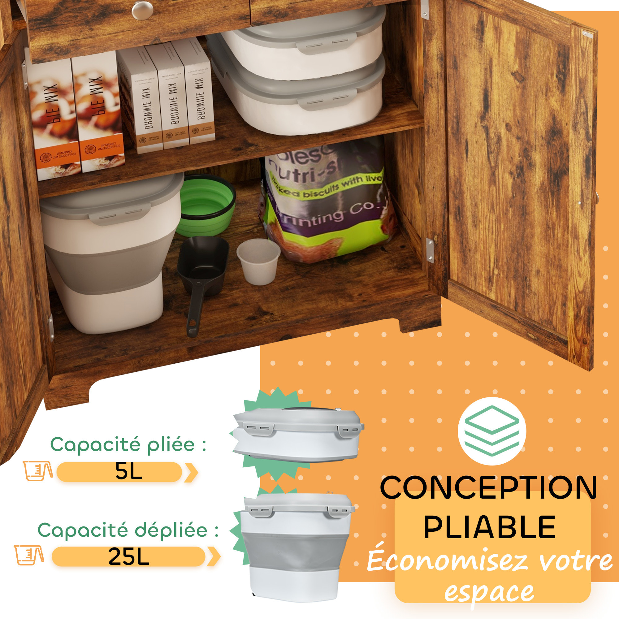 Conteneur à croquettes pour chiens et chats pliable 25L - roulettes, tasse, bol, cuillère - gris