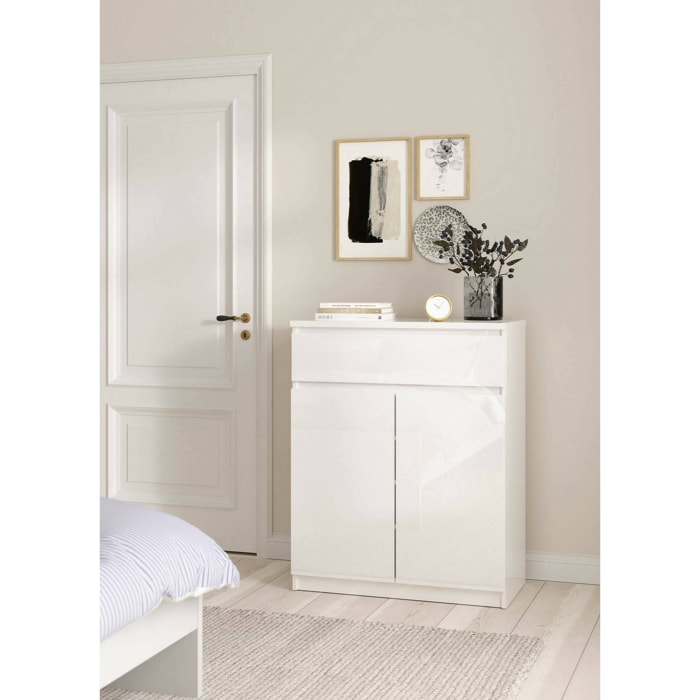 Credenza con ante e un cassetto, colore bianco lucido, cm 80 x 100 x 41