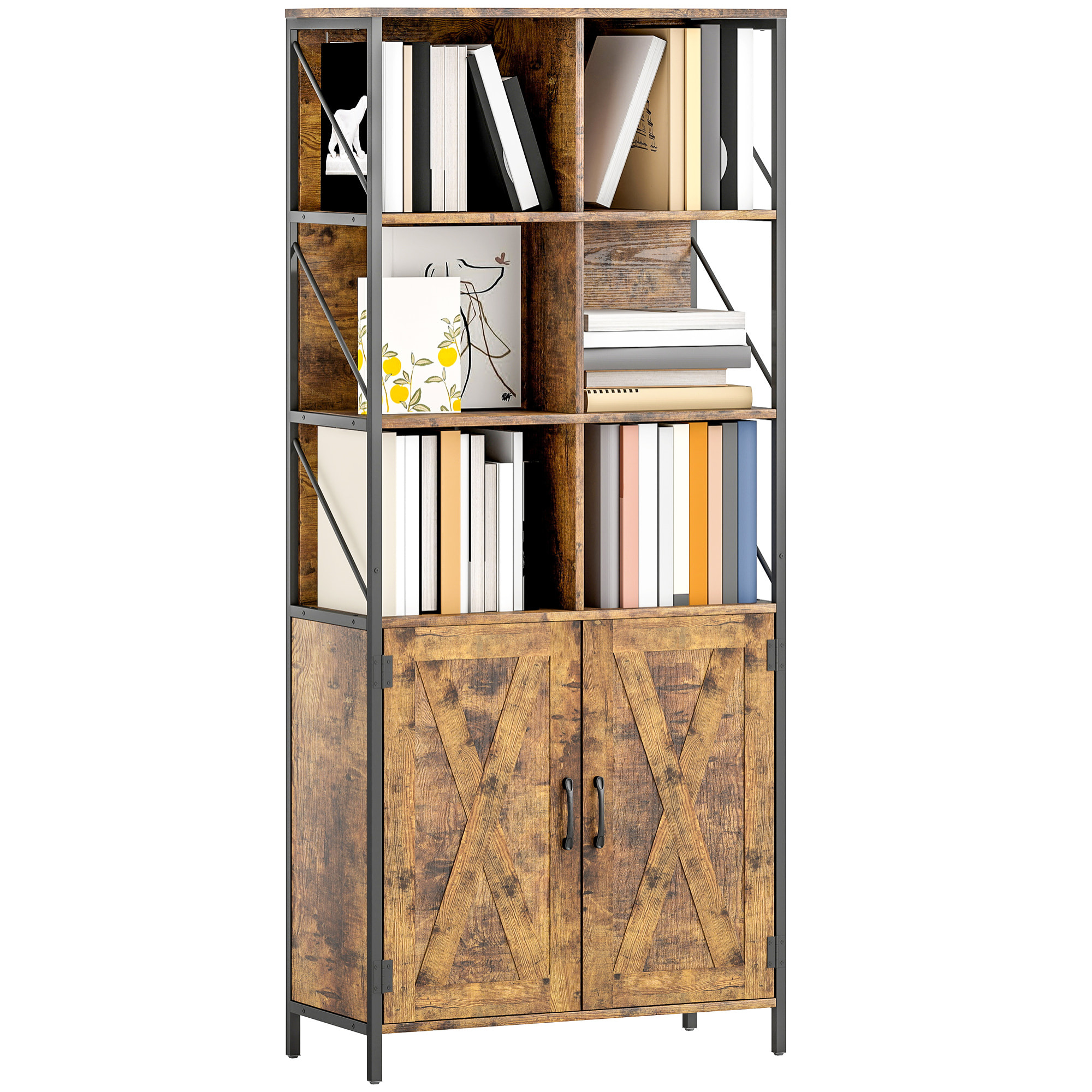 Librería de 6 Niveles, Estantería de Libros Organizador con 6 Compartimentos Abiertos, 2 Puertas y Estante Ajustable, Estilo Industrial para Salón Oficina Dormitorio 75x34x172 cm Marrón Rústico