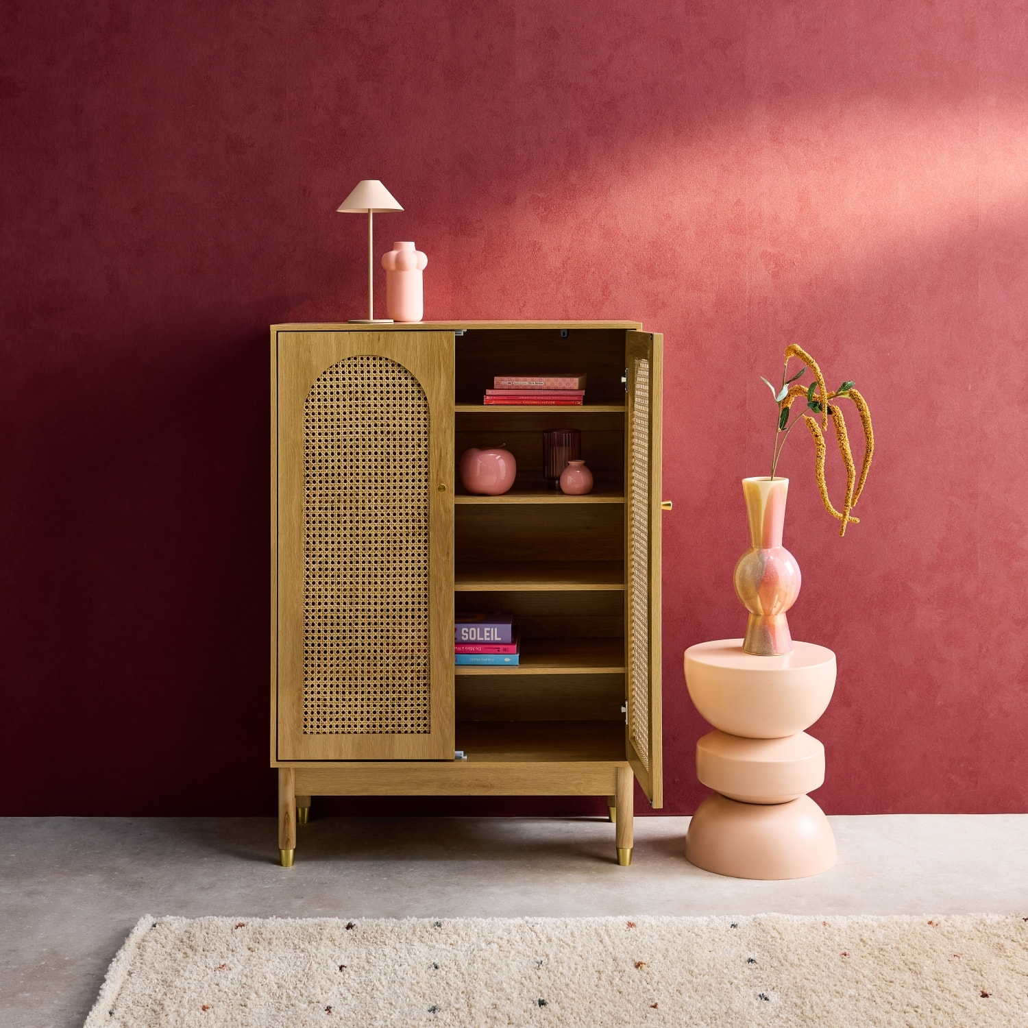 Meuble à chaussures, petit buffet décor bois et cannage 2 portes JUDITH