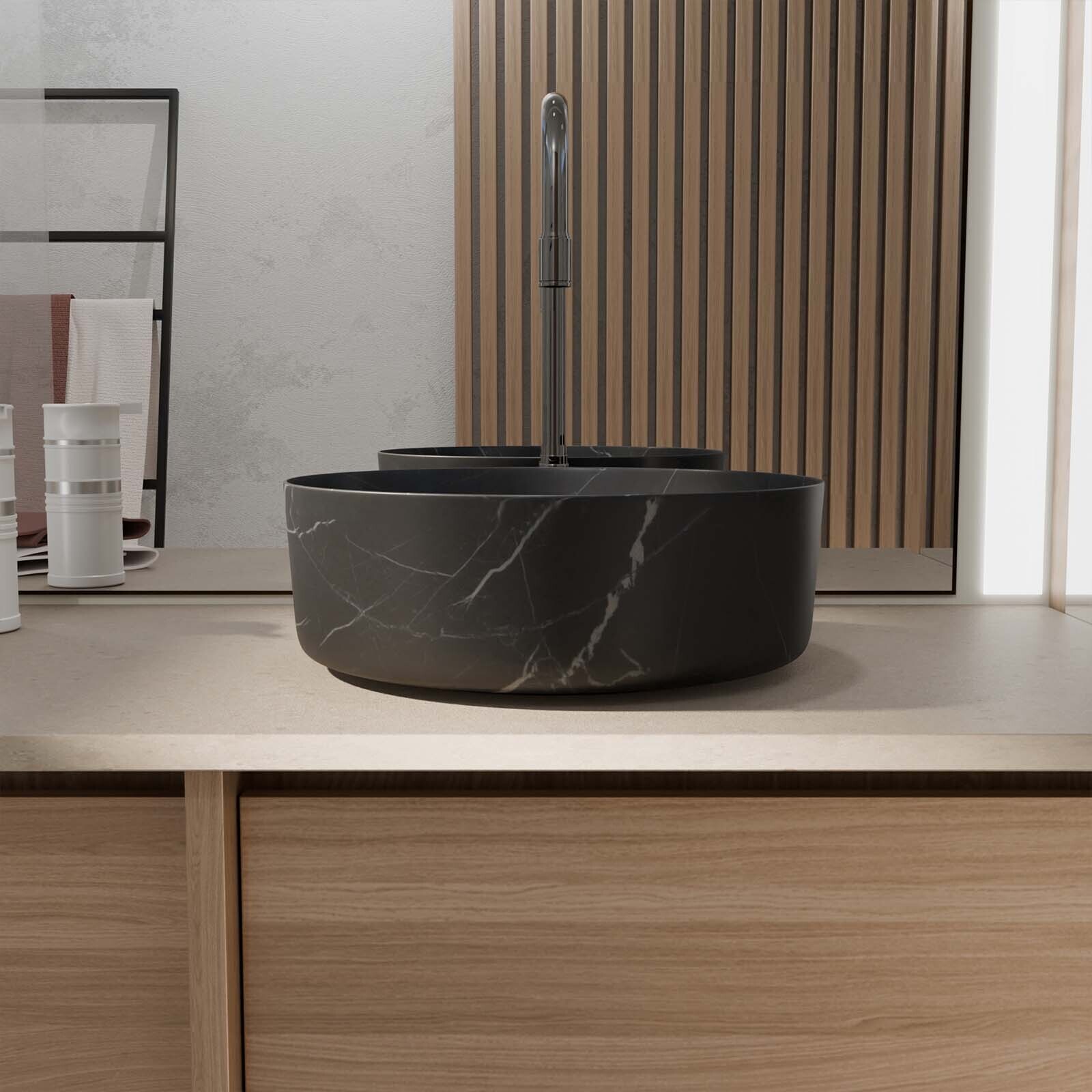 Vasque à poser ronde en céramique noire mat effet marbre 36x12 cm - BLACK MARBLE