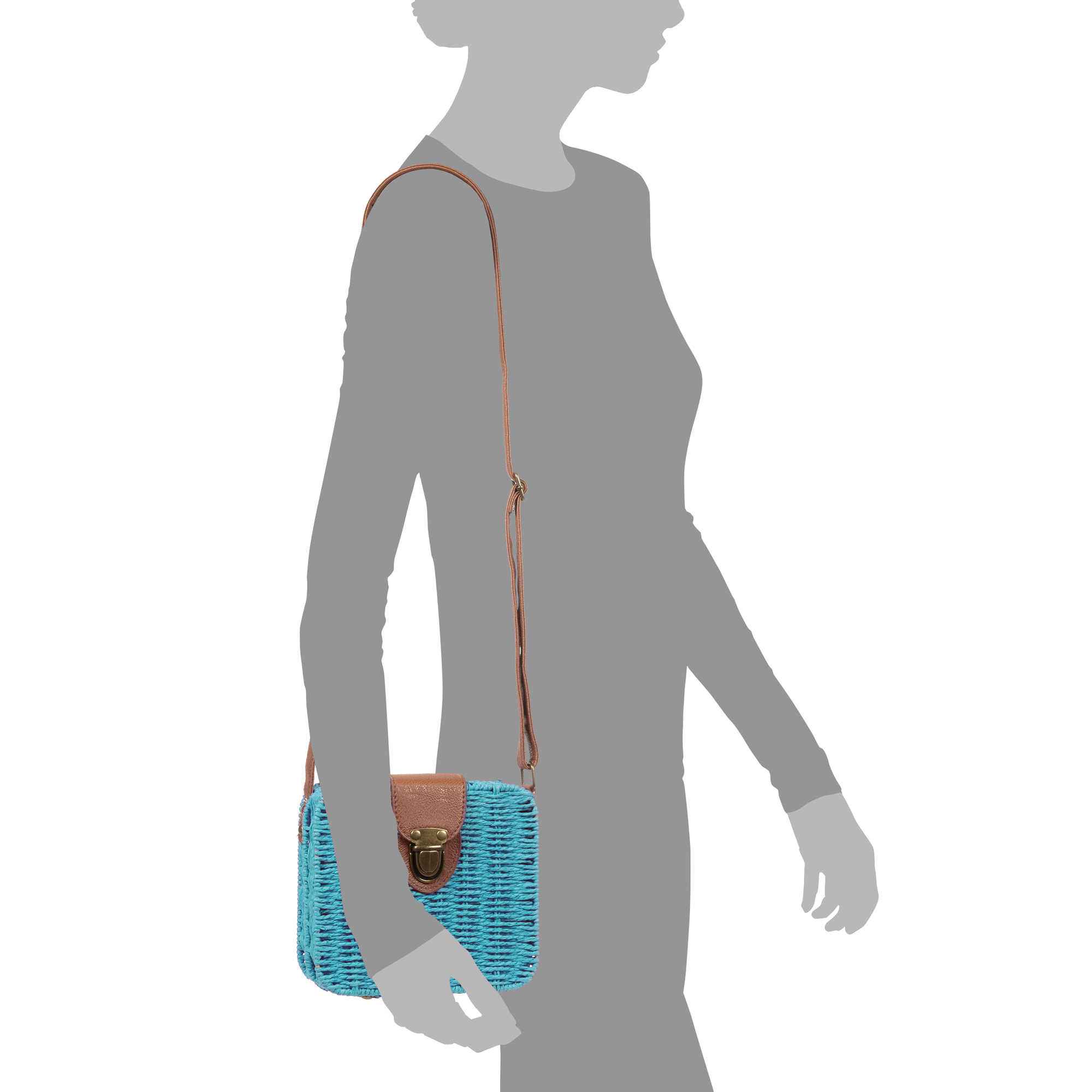 IRIA QUINTANA Borsa a tracolla da donna Empoli. Tessuto di paglia in pelle sintetica PU. 18x7x17 cm. Azzurro