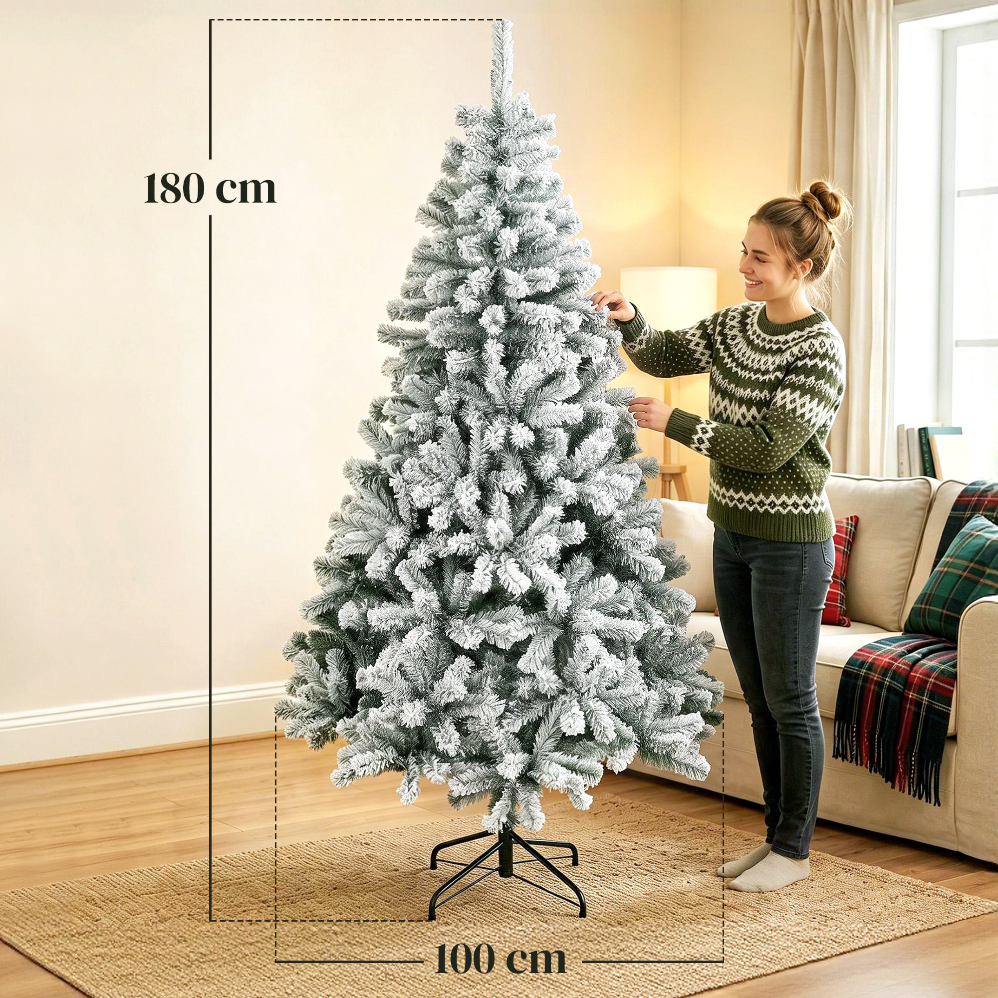 Árbol de Navidad Nevado de 180 cm, Árbol de Navidad de Abeto con Ramas Articuladas, 650 Puntas de PVC Ignífugo, Montaje Rápido, Soporte de Acero Plegable, Verde y Blanco