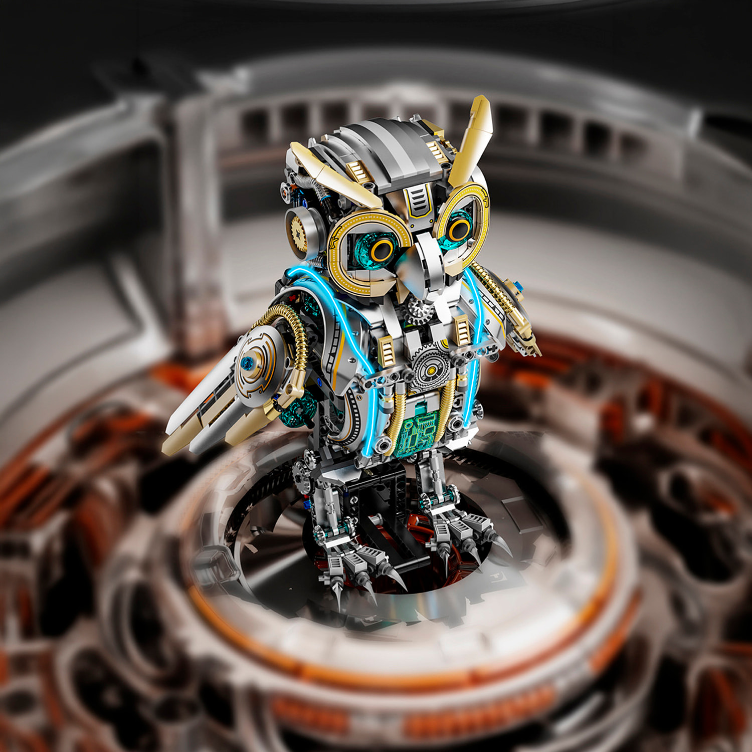 Maqueta 3D mecanizada de buho con 1296 piezas, equipada con luces y mecanismo de manivela que permite movimiento dinámico.