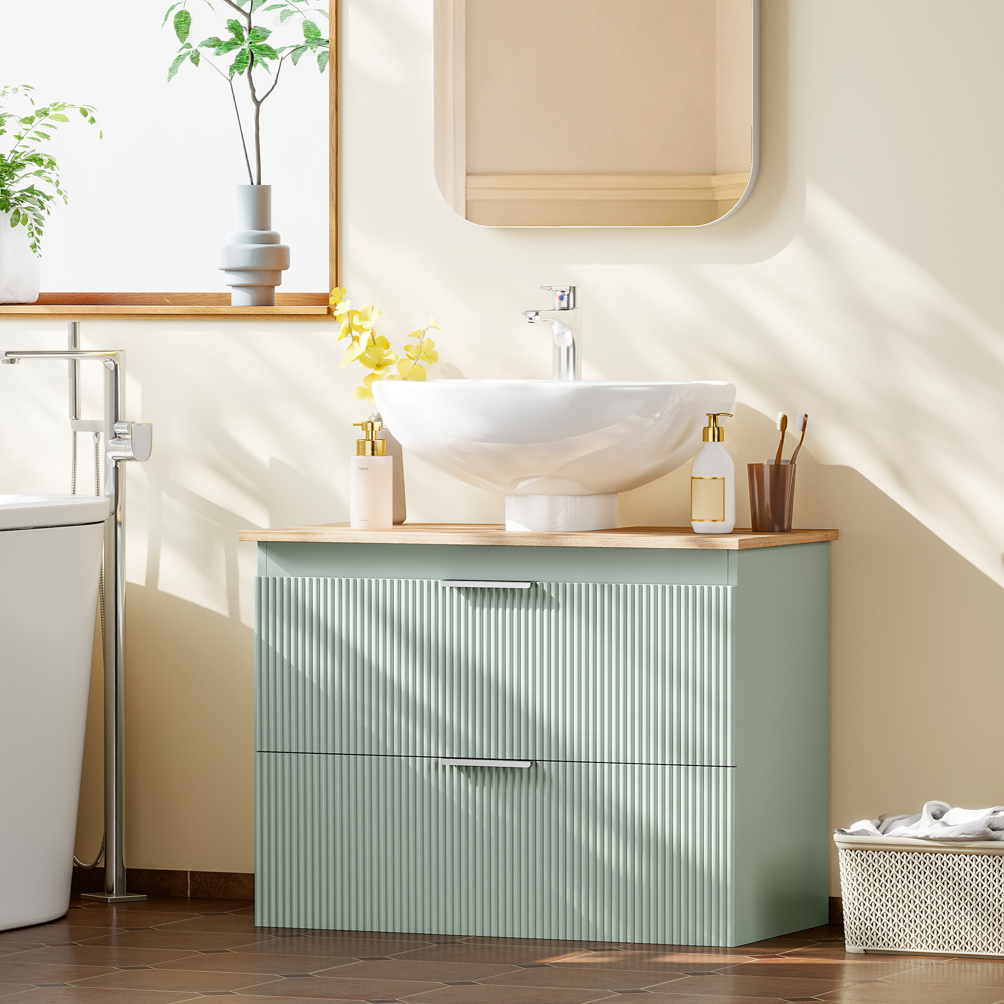 Meuble sous vasque design 2 tiroirs vert de gris effet bois naturel