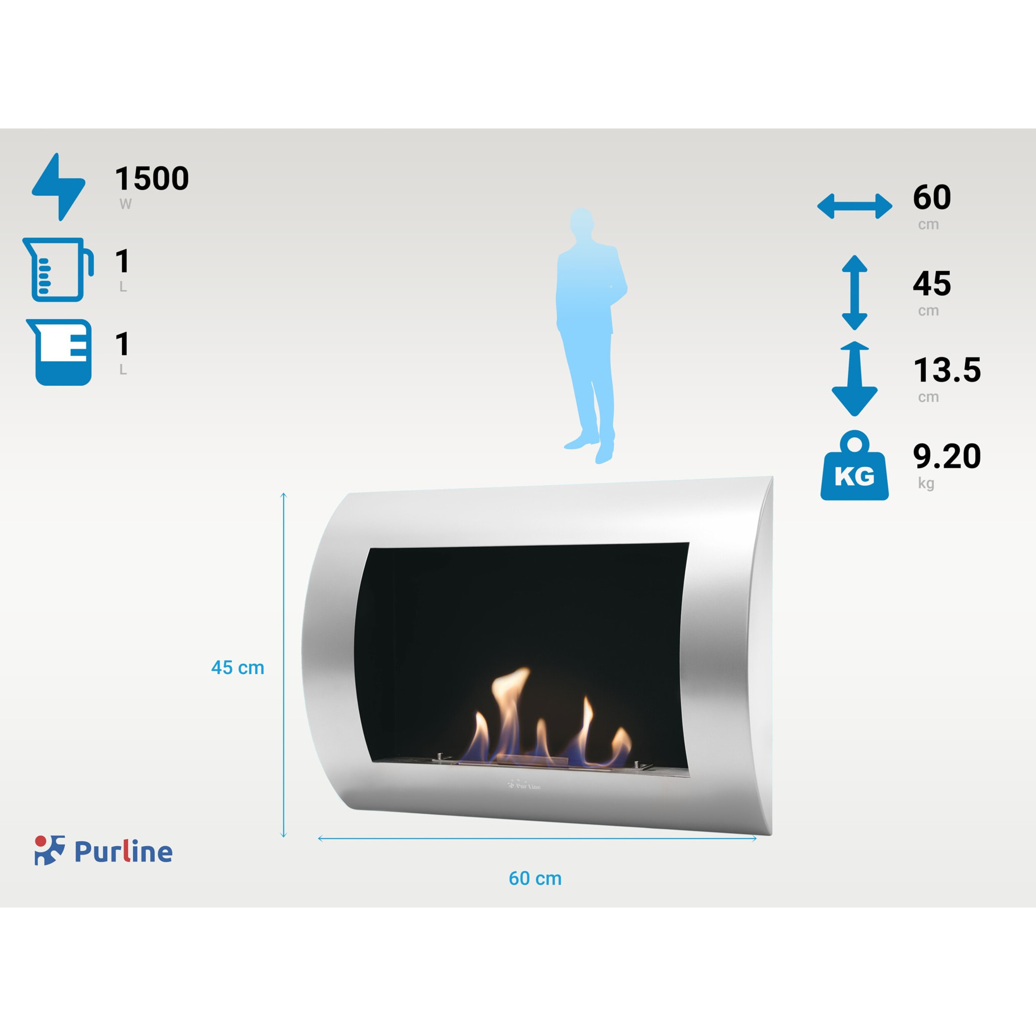 Chimenea de Etanol mural con panel frontal curvado INOX-CLASIC PURLINE 1500 W
