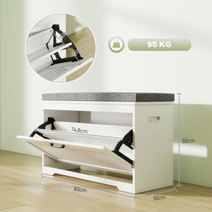 Banco Zapatero, Banco Recibidor Moderno, con Asiento Acolchado, Estante Ajustable, para 8 Pares de Zapatos, para Entrada, Pasillo, Dormitorio, 80x30x50 cm, Blanco