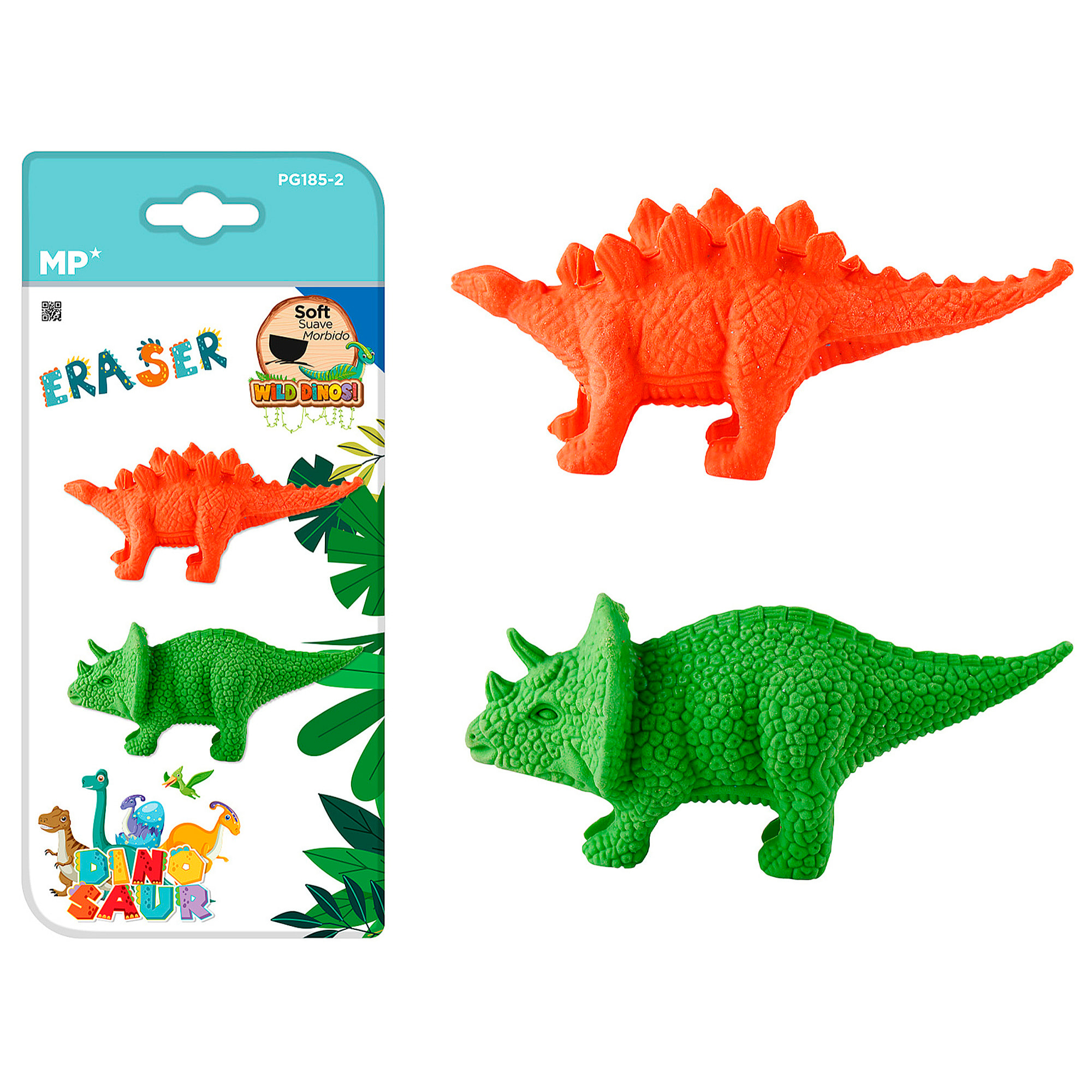 12 PACKS DE BORRADOR DE COLOR DINOSAURIO 2 Uds. ESTEGOSAURIO Y TRICERATOPS.