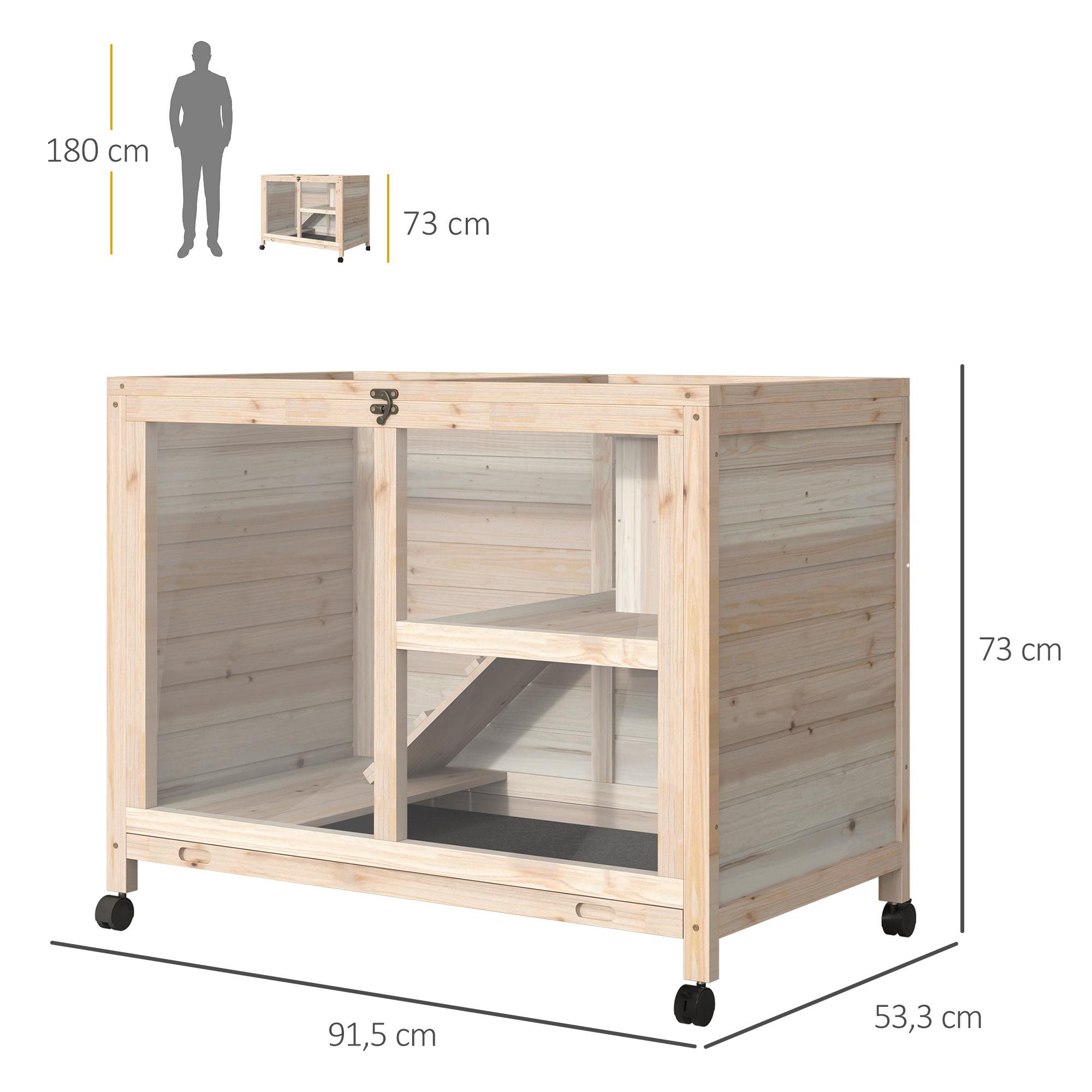 Conejera de Madera con Ruedas 91,5x53,3x73 cm Jaula para Conejos de 2 Niveles con Techo Abatible Bandeja Extraíble y Rampa Natural