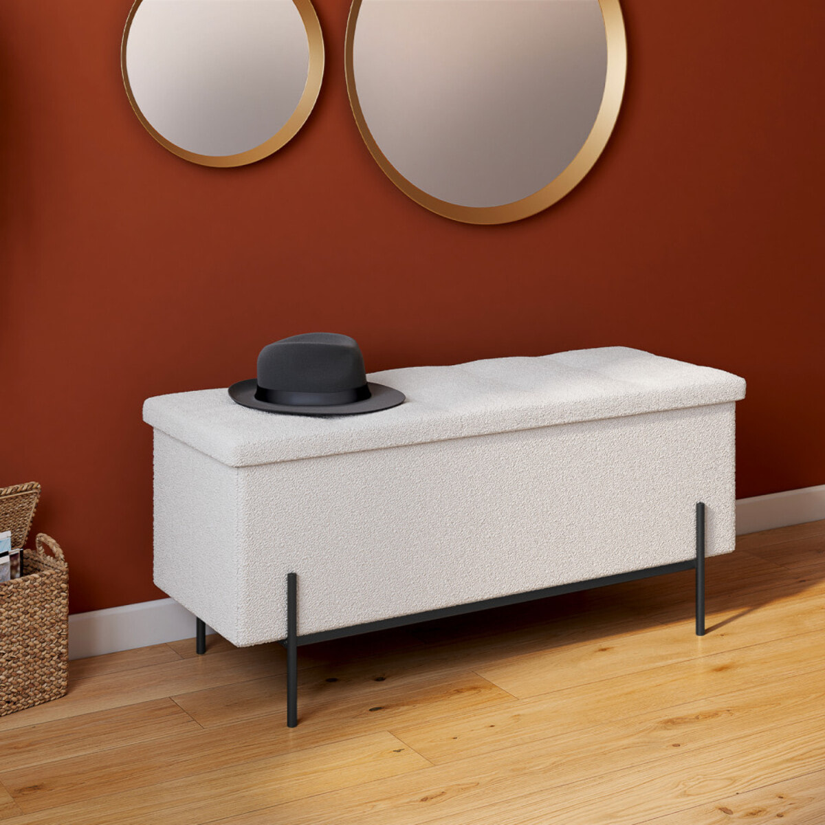 Banc coffre Loan en bouclette blanche et pieds noirs 100cm