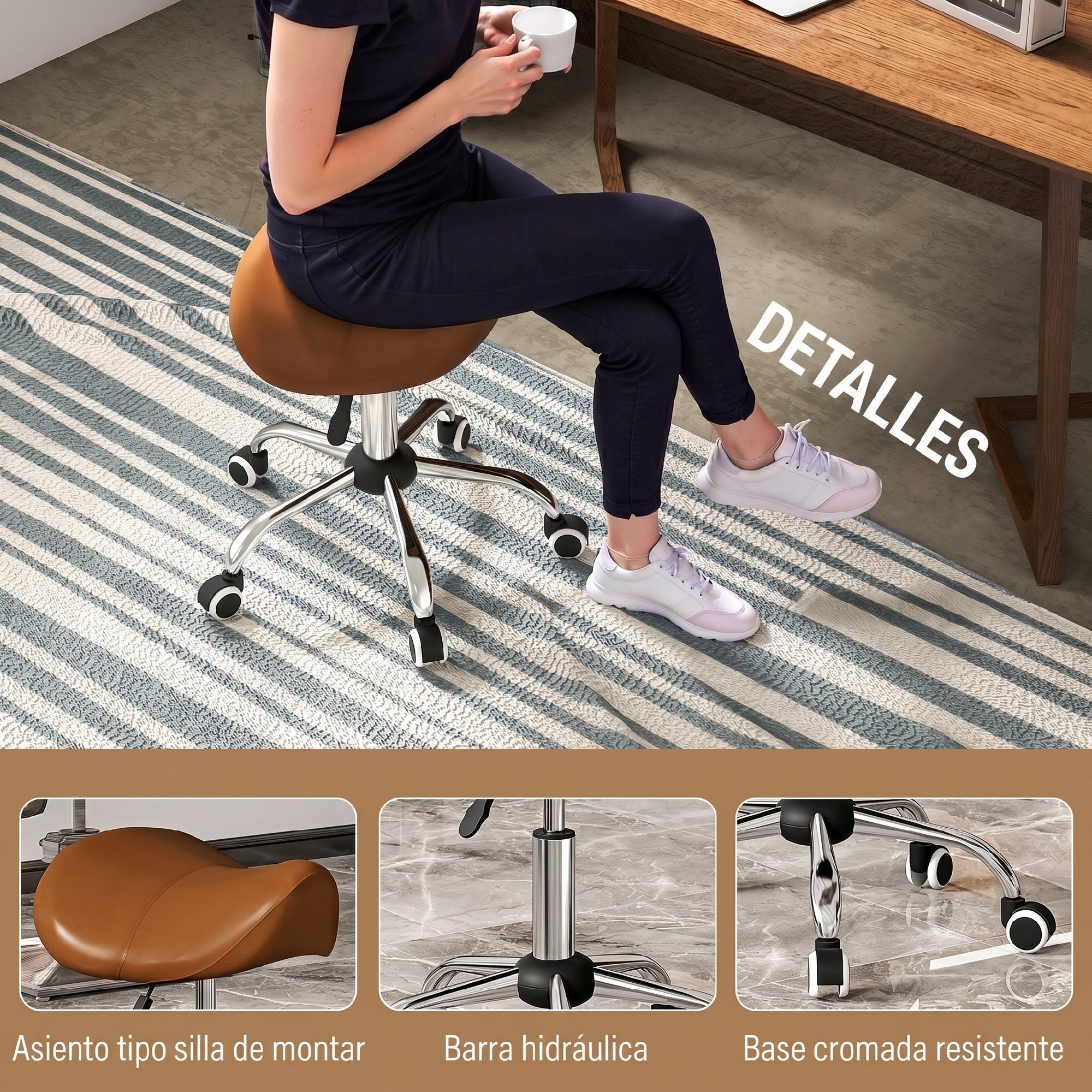 Taburete con Ruedas Taburete Giratorio Cosmético con Altura Ajustable Asiento Acolchado y Amplio Dentista Peluquería Carga 120 kg 52x53x49-61 cm Marrón