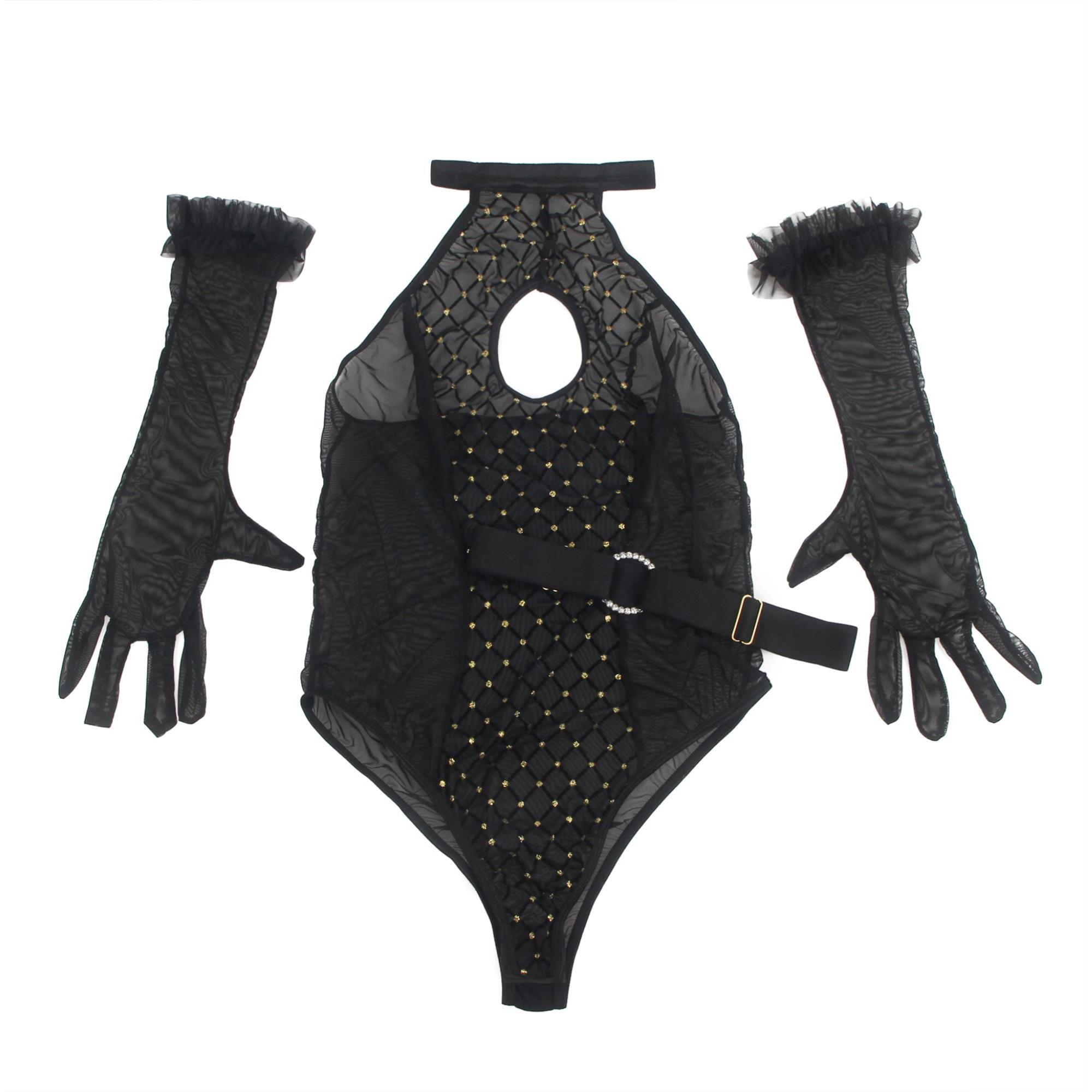Body negro sexy de malla flocada con cuello halter y sin entrepierna - incluye body, guantes y cinturón