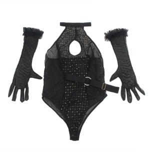 Body negro sexy de malla flocada con cuello halter y sin entrepierna - incluye body, guantes y cinturón