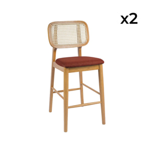 Tabouret de bar bois d'hévéa cannage et tissu 66,5cm (lot de 2) MANI