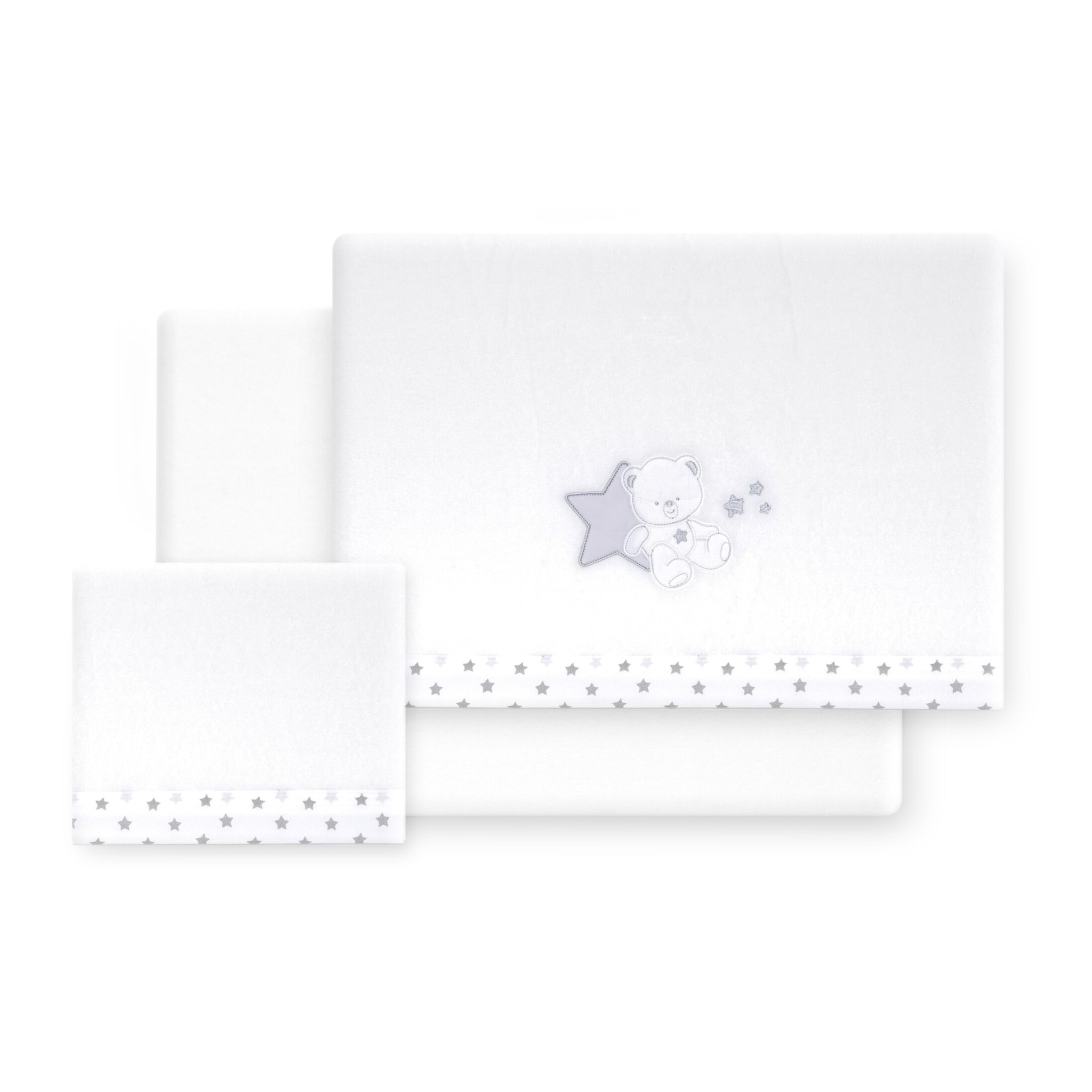 Triptico Cuna Coralina Modelo Osito Sentado + Broche Bco/Gris
