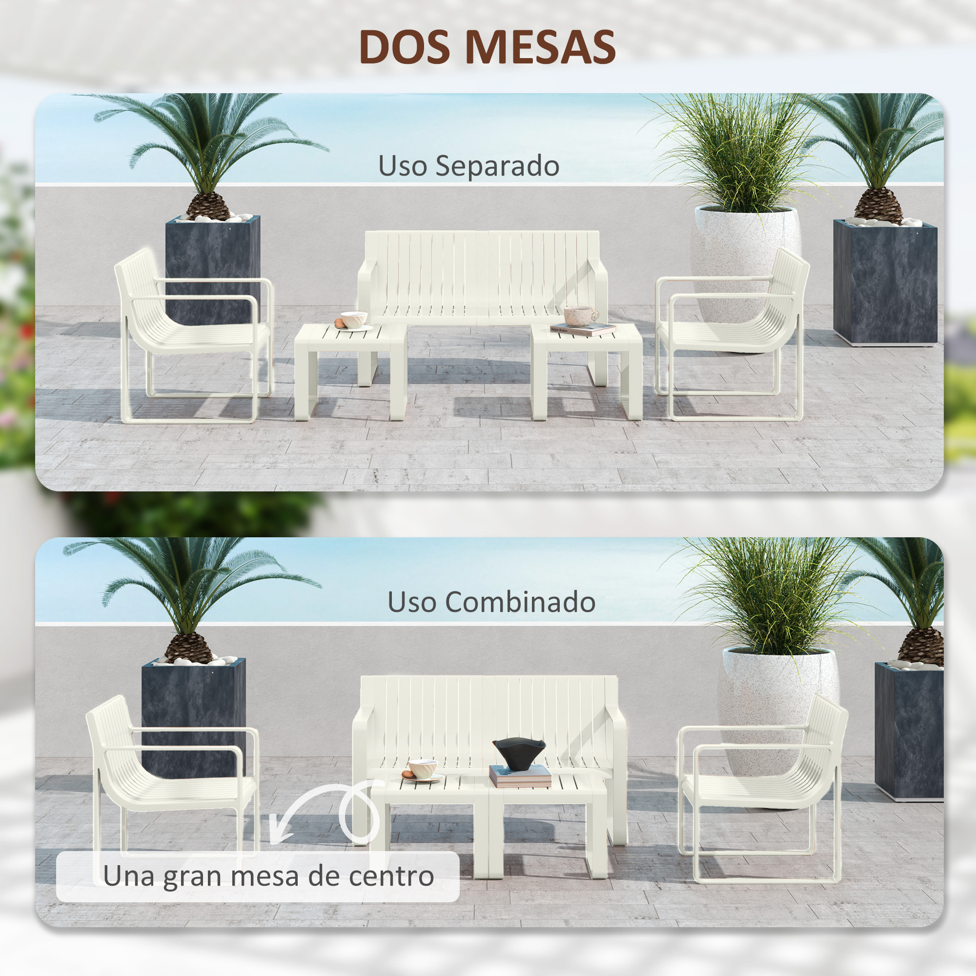 Conjunto de Jardín Exterior 5 Piezas Muebles Jardín Exterior con 2 Sillones 1 Sofá de 2 Plazas y 2 Mesas de Centro Diseño de Lamas Impermeable Anti-UV Blanco