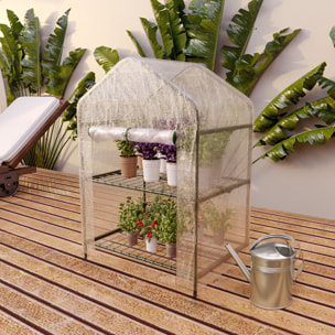 Serra A 2 Ripiani Da Giardino Per Orto Telaio In Acciaio Verniciato Telo PVC Trasparente Porta Avvolgibile Apertura A Cerniera Con ruote 69x49x125 Cm