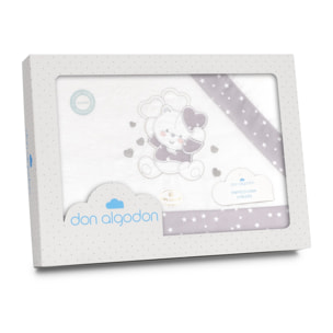 Triptico Cuna Franela D. Algodon Oso Corazones Bco/Gris