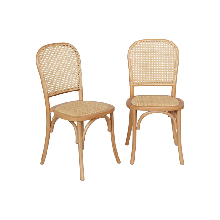 Lot de deux chaises naturelles vintage en bois avec assise et dossier en rotin