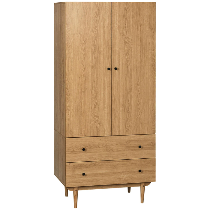 Armoire design scandinave - 2 portes, penderie, 2 tiroirs - piètement bois de pin panneaux aspect bois clair