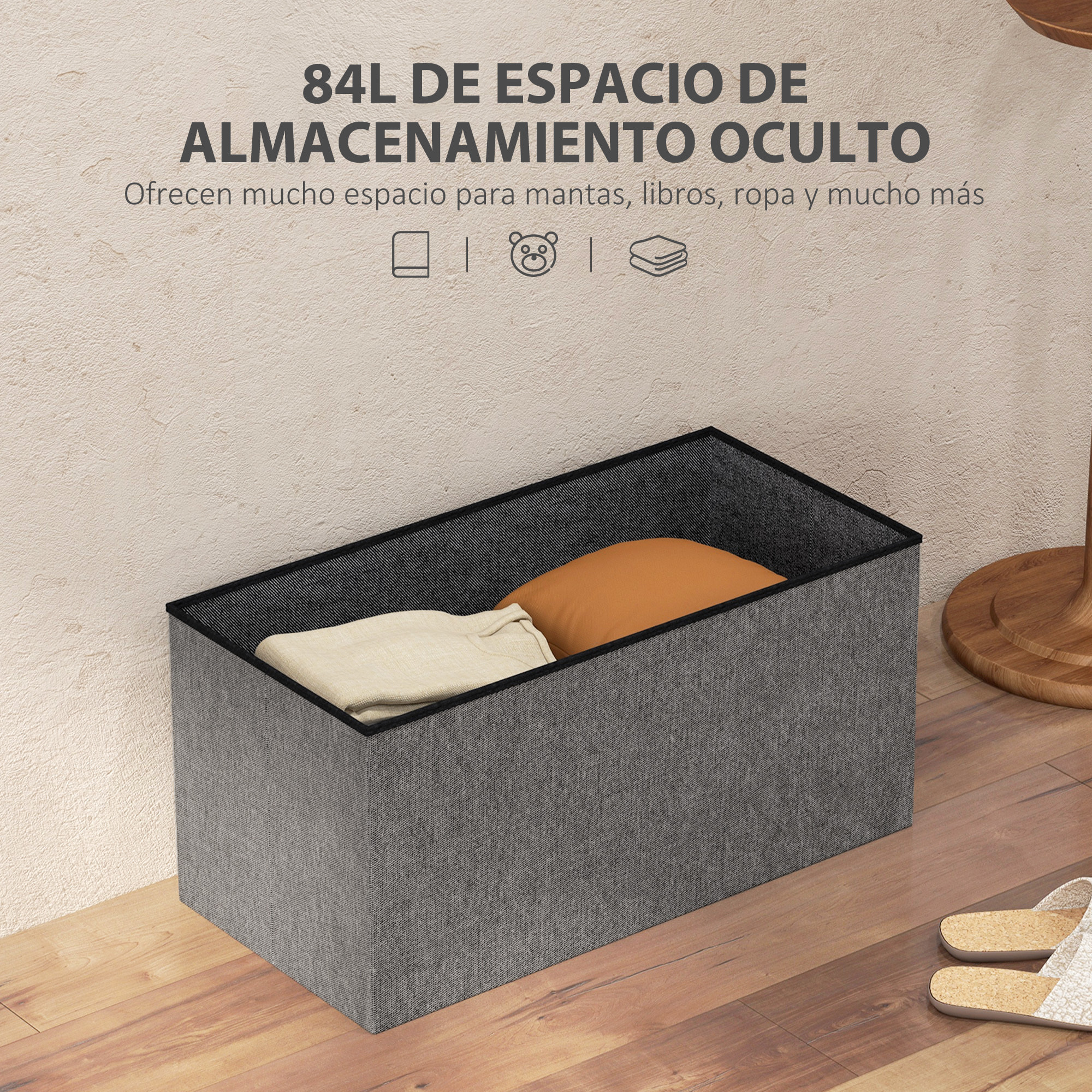 Baúl de Almacenaje para Dormitorio 84L Puff de Almacenaje Plegable Tapizado de Lino Sintético con Tapa para Salón 76x38x38 cm Gris Oscuro