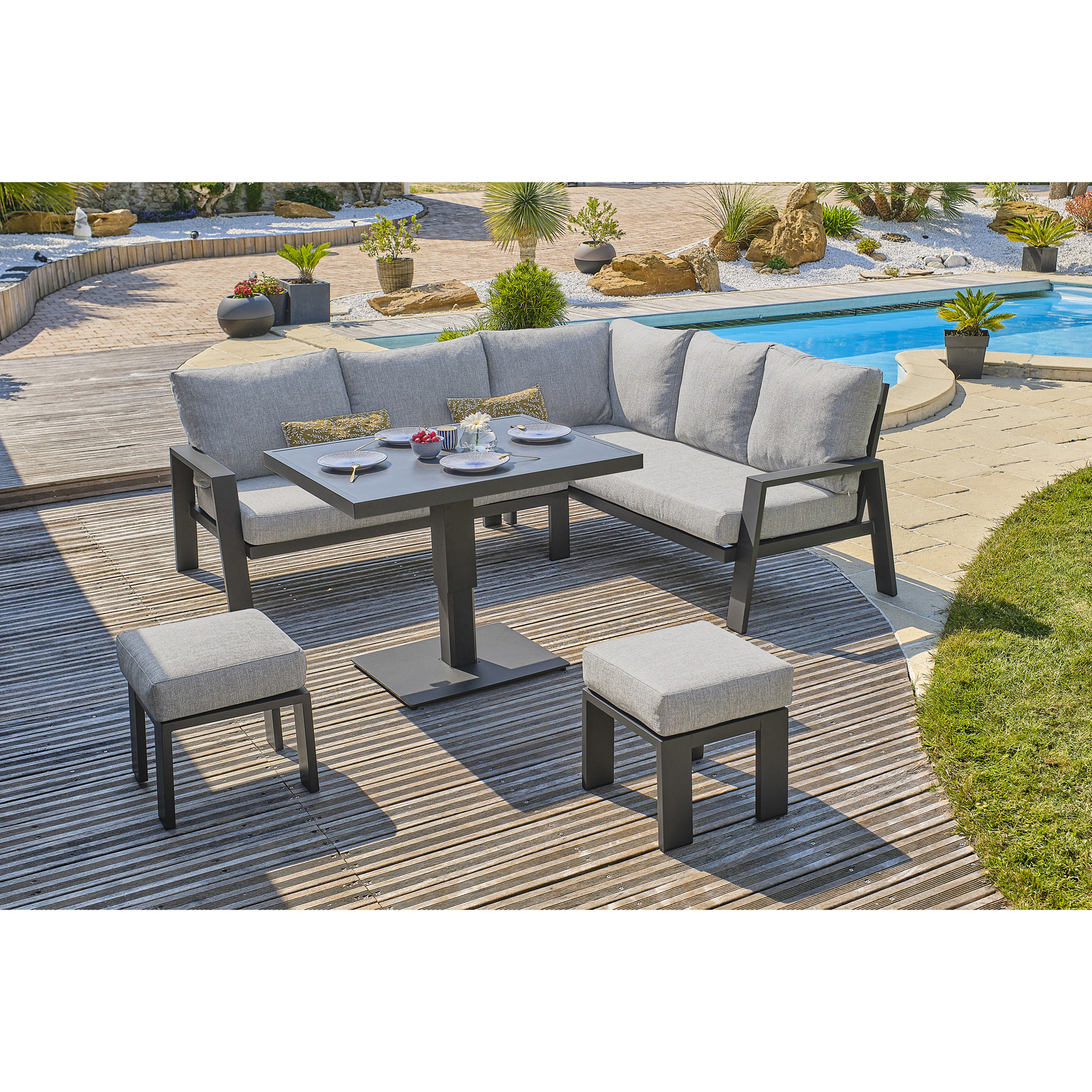 IBIZA - Ensemble repas de jardin 7 pl alu plateau céramique sur verre