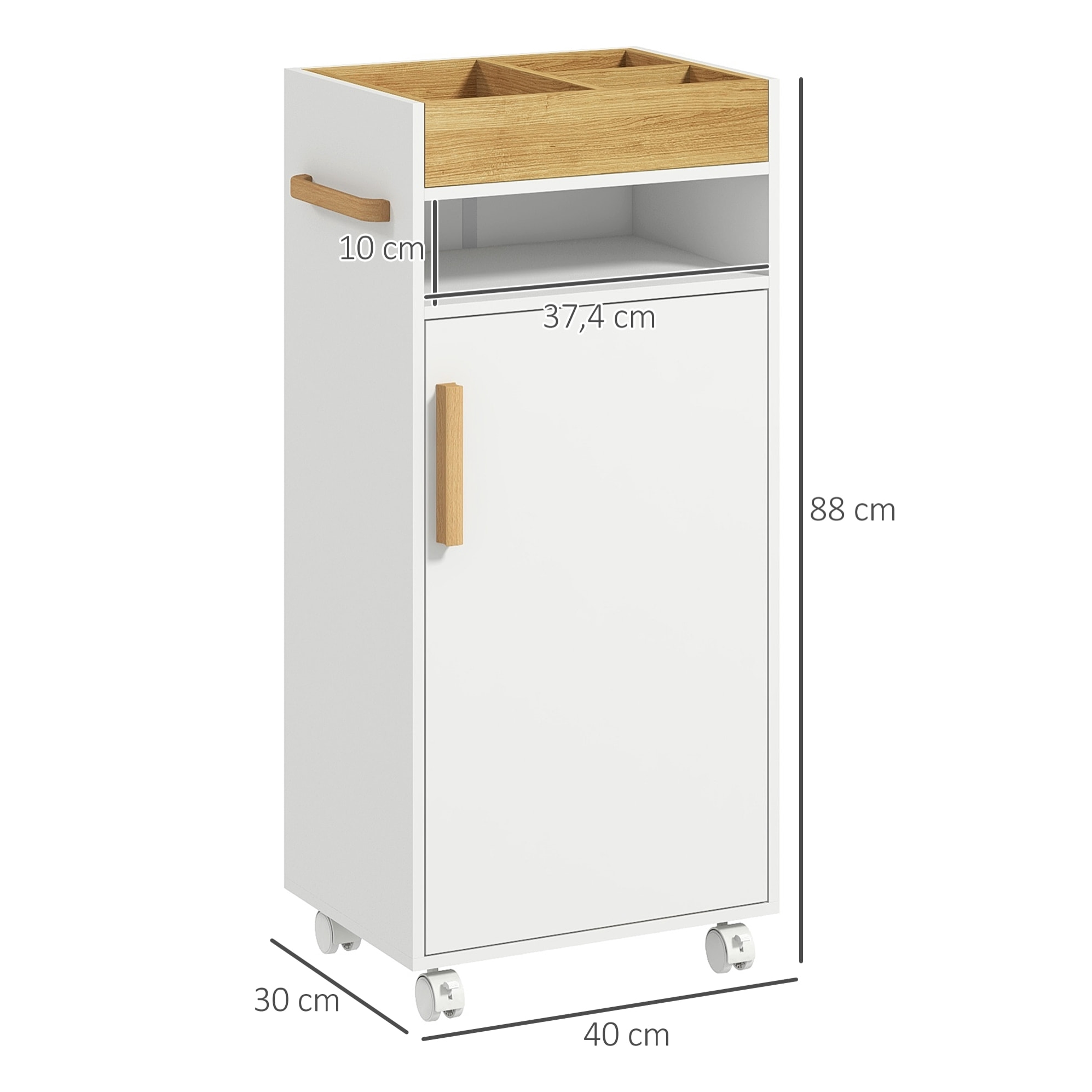 Meuble bas de salle de bain sur roulettes porte 2 étagères niche plateau amovible bois de hêtre verni blanc