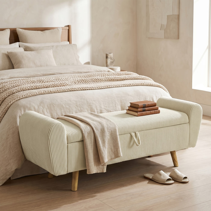 Banco Almacenaje 150 cm, Puff Almacenaje Tapizado en Pana, Banco Pie de Cama con Brazos Redondeados y Patas de Madera, Otomana para Dormitorio, Salón, Recibidor, Beige