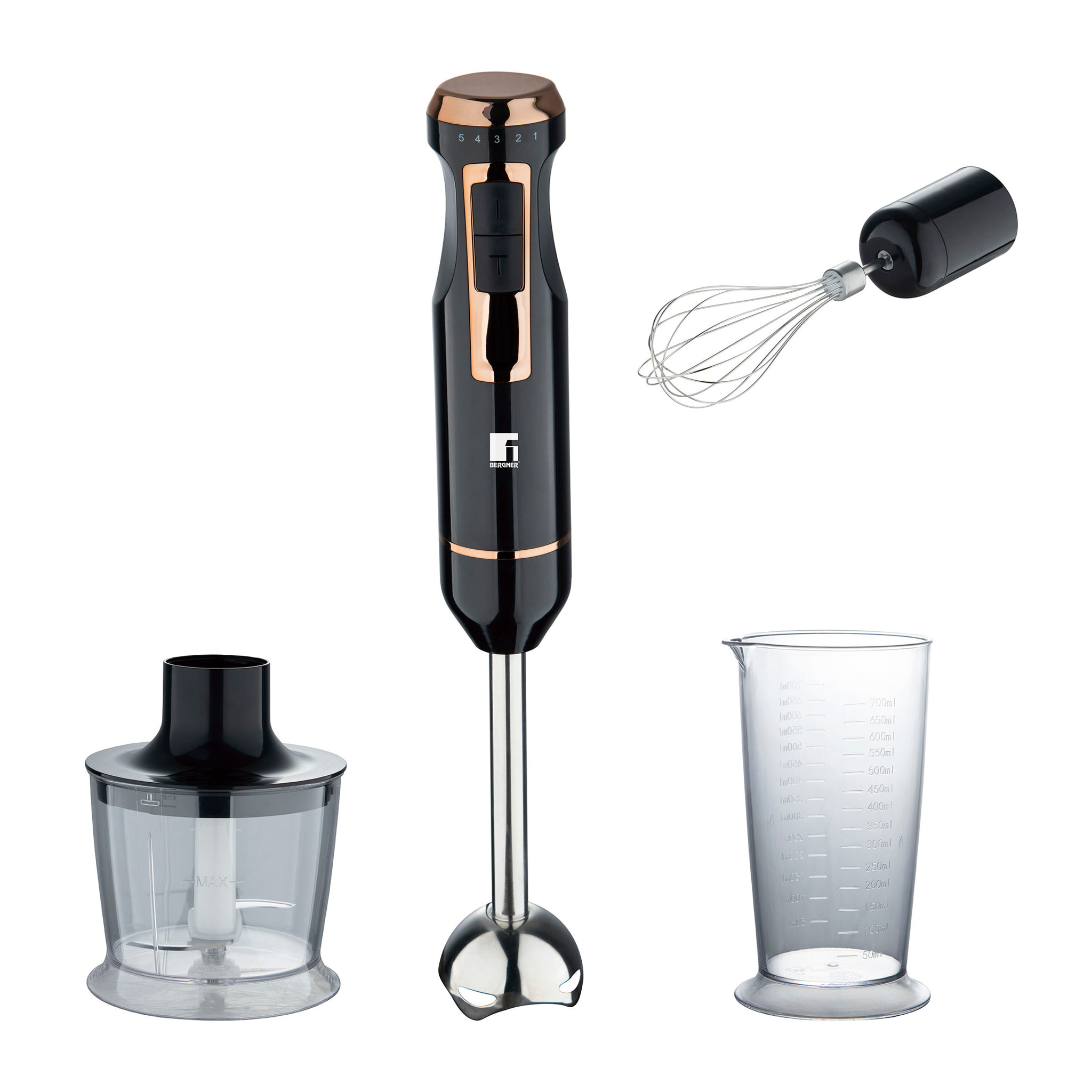 Batidora de Mano 3 en 1 1000W- Control 5 Velocidades con Turbo - Picadora 500ml, Taza 700ml y Varilla Batidora Copper Bergner