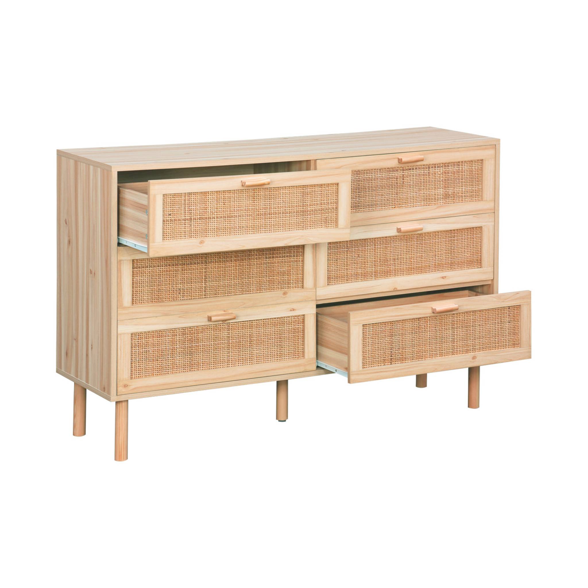 Commode 6 tiroirs cannage et effet bois CAMARGUE L 120 x P 40 x H 80cm