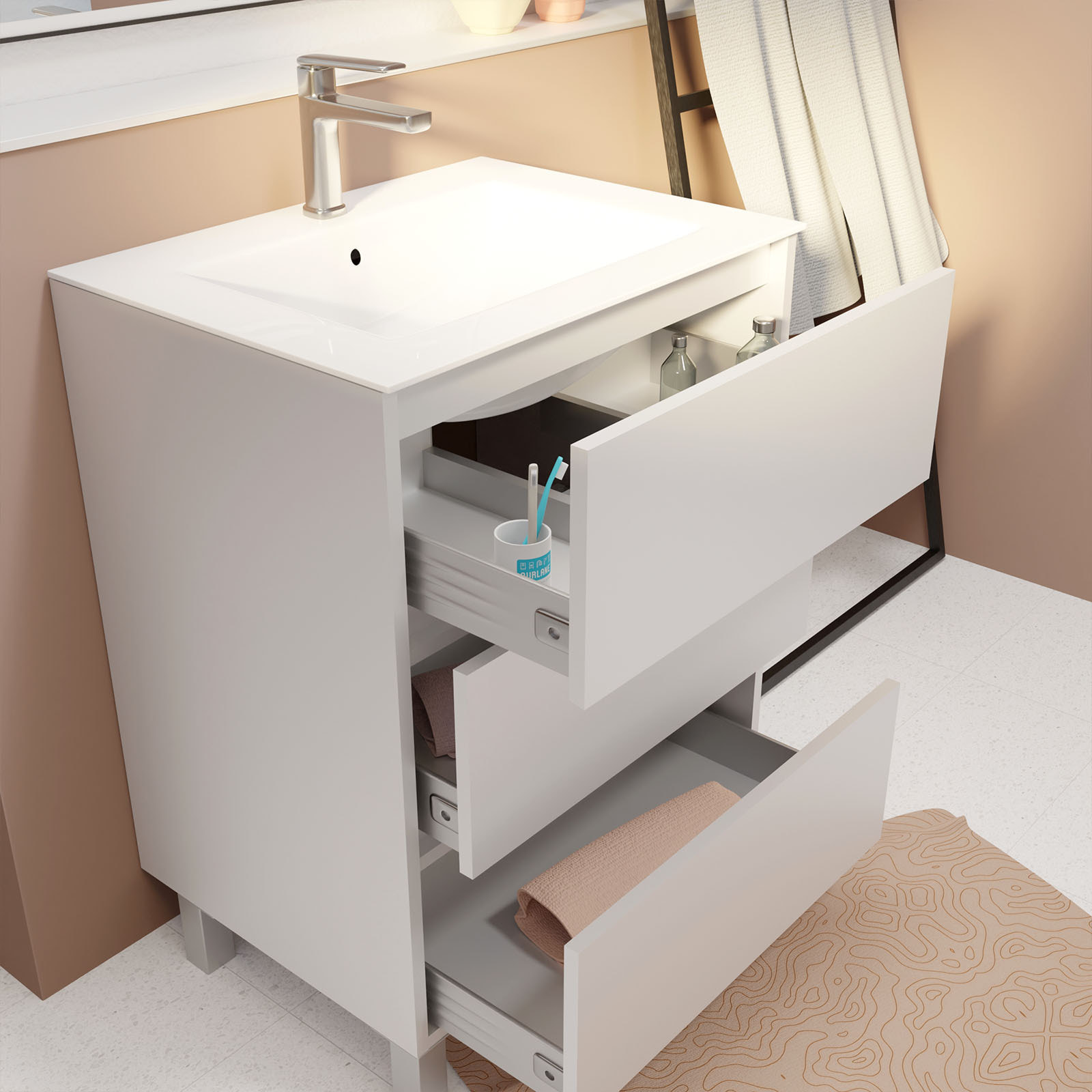 Pack Meuble Salle de Bains 60 cm Laqué Blanc, 3 tiroirs avec Vasque Céramique - XENOS
