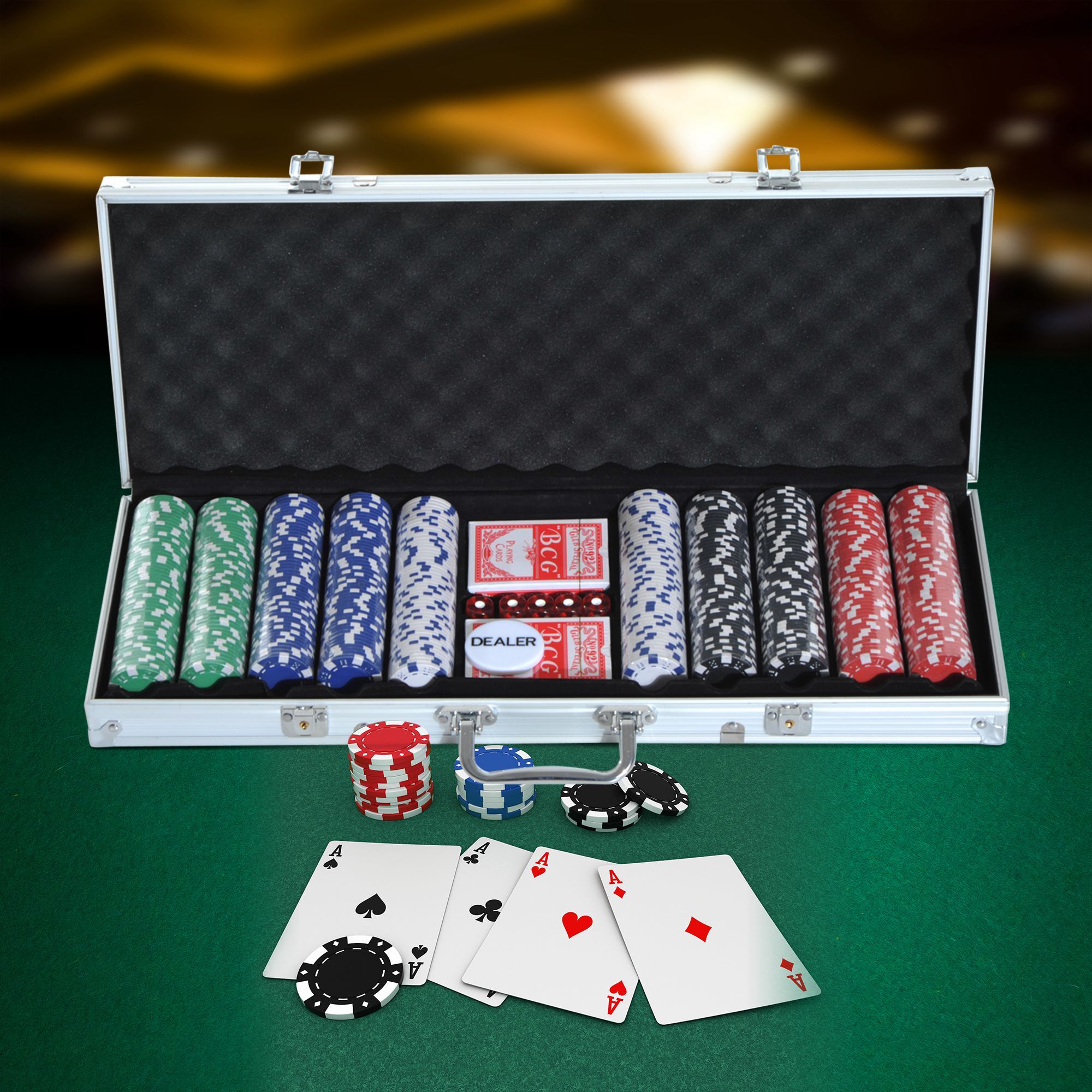 Mallette professionnelle de Poker 500 jetons 2 jeux de cartes 5 dés bouton dealer 2 clés alu