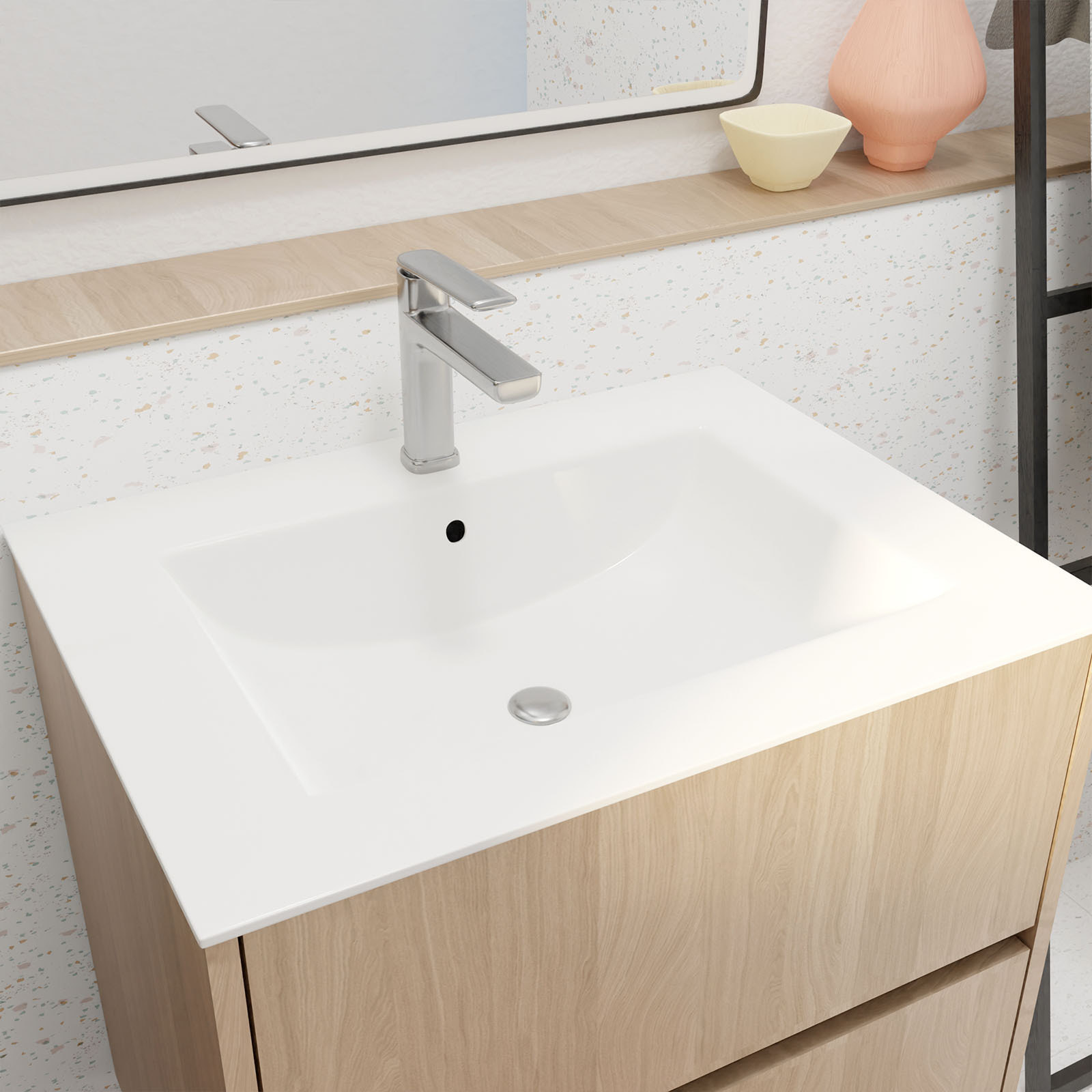 Pack Meuble Salle de Bains 60 cm Chêne Clair, 2 tiroirs avec Vasque Céramique - XENOS