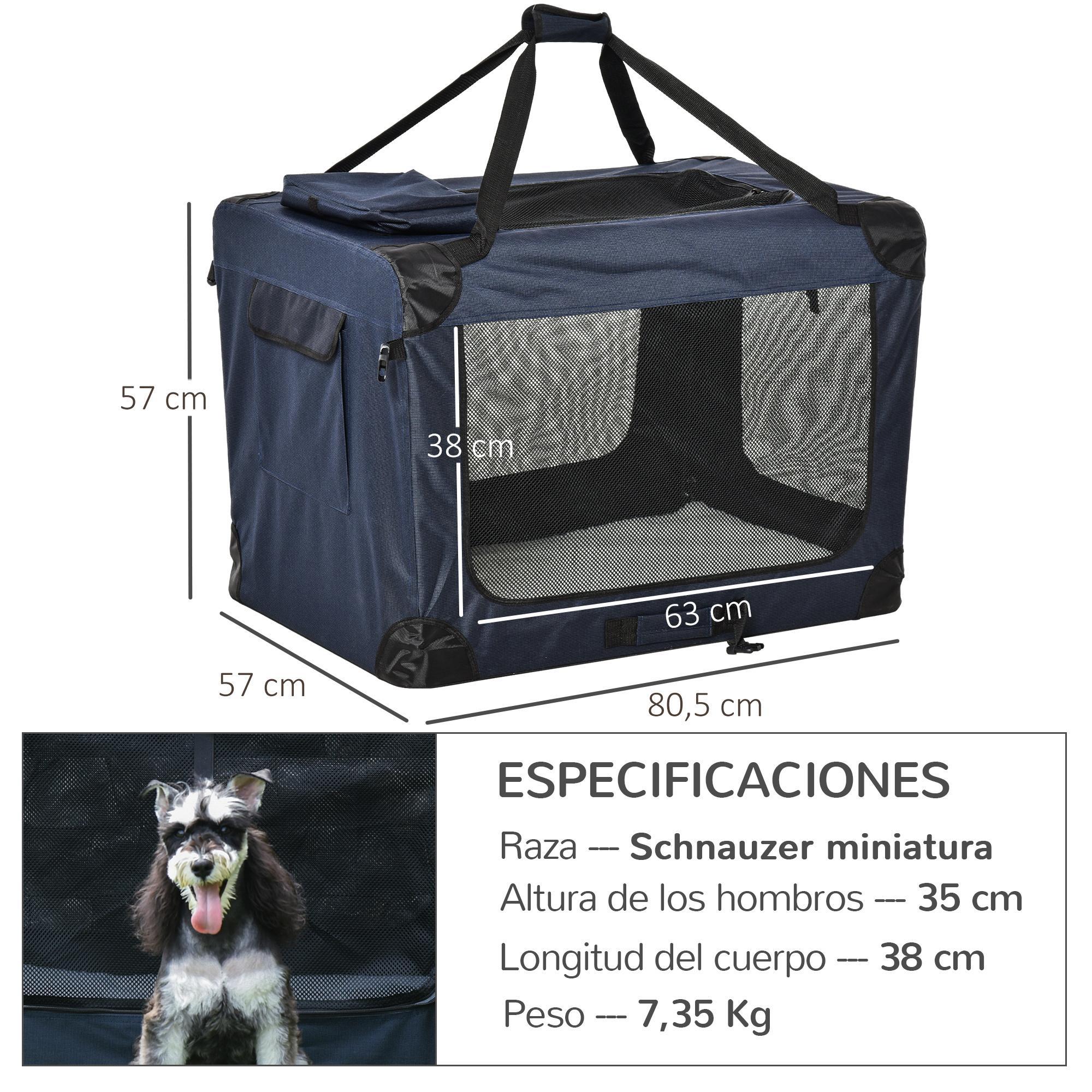 Transportín Perro Gato Bolsa de Transporte Portátil y Transpirable para Mascotas Plegable con Cojín 3 Puertas y Ventana de Malla 2 Bolsillos 80,5x57x57 cm Azul Oscuro